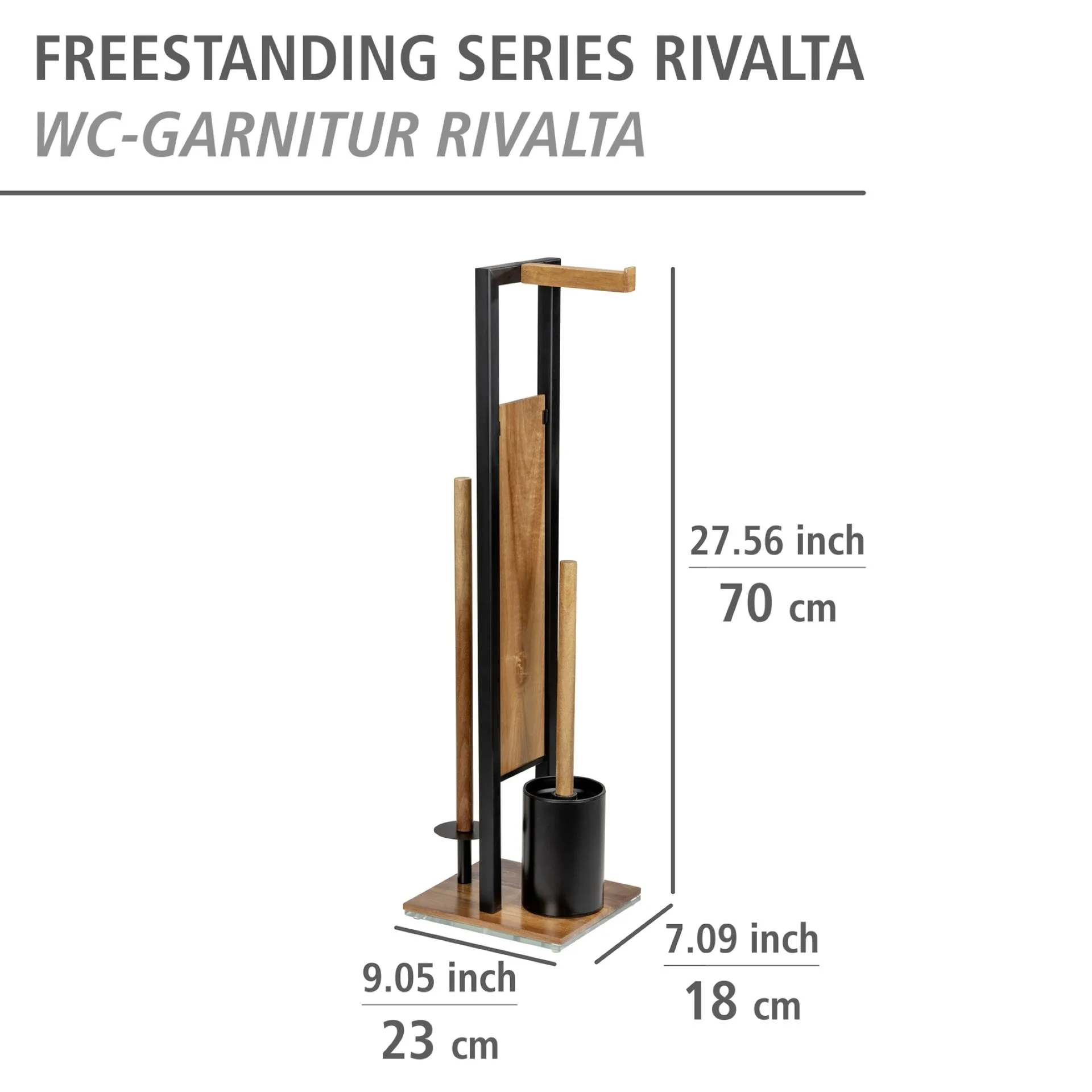 WENKO RIVALTA ACACIA WC-Garnitur, Braun/Schwarz, mit Toilettenpapierhalter und Bevorrater, stehend
