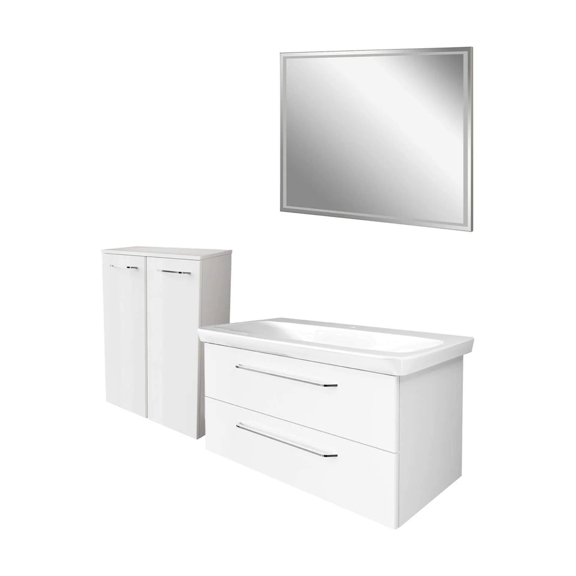 FACKELMANN MILANO Badmöbel Set 4-teilig 107 cm breit, Weiß, Waschbecken Keramik Weiß + LED Spiegel + Doppel Midischrank