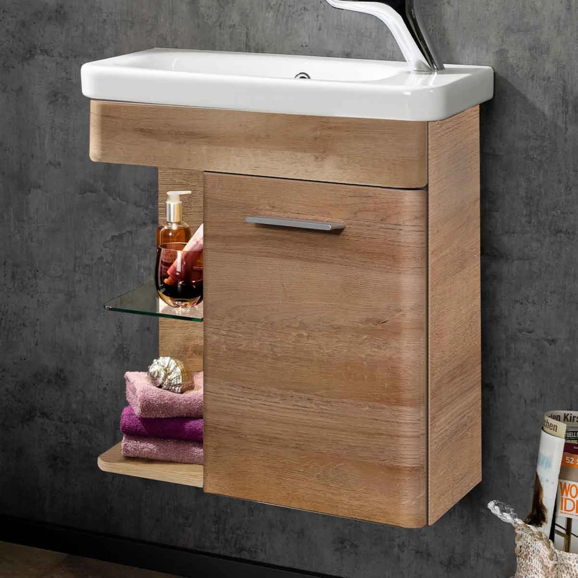 LANZET K8 Gäste WC Waschtisch Set 60 cm breit, Braun hell, Waschbecken Keramik Weiß, Türanschlag rechts