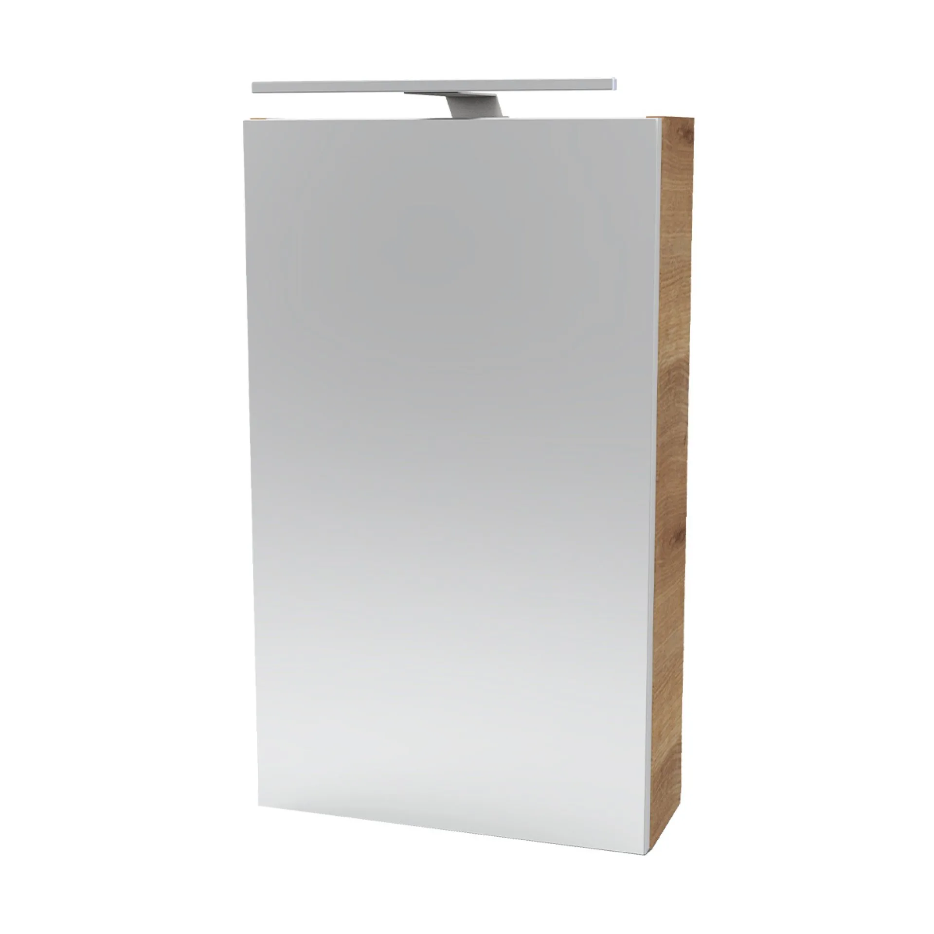 FACKELMANN SBC MILANO Gäste WC Spiegelschrank 40 cm breit, Braun hell, Türanschlag links + Aufsatzleuchte
