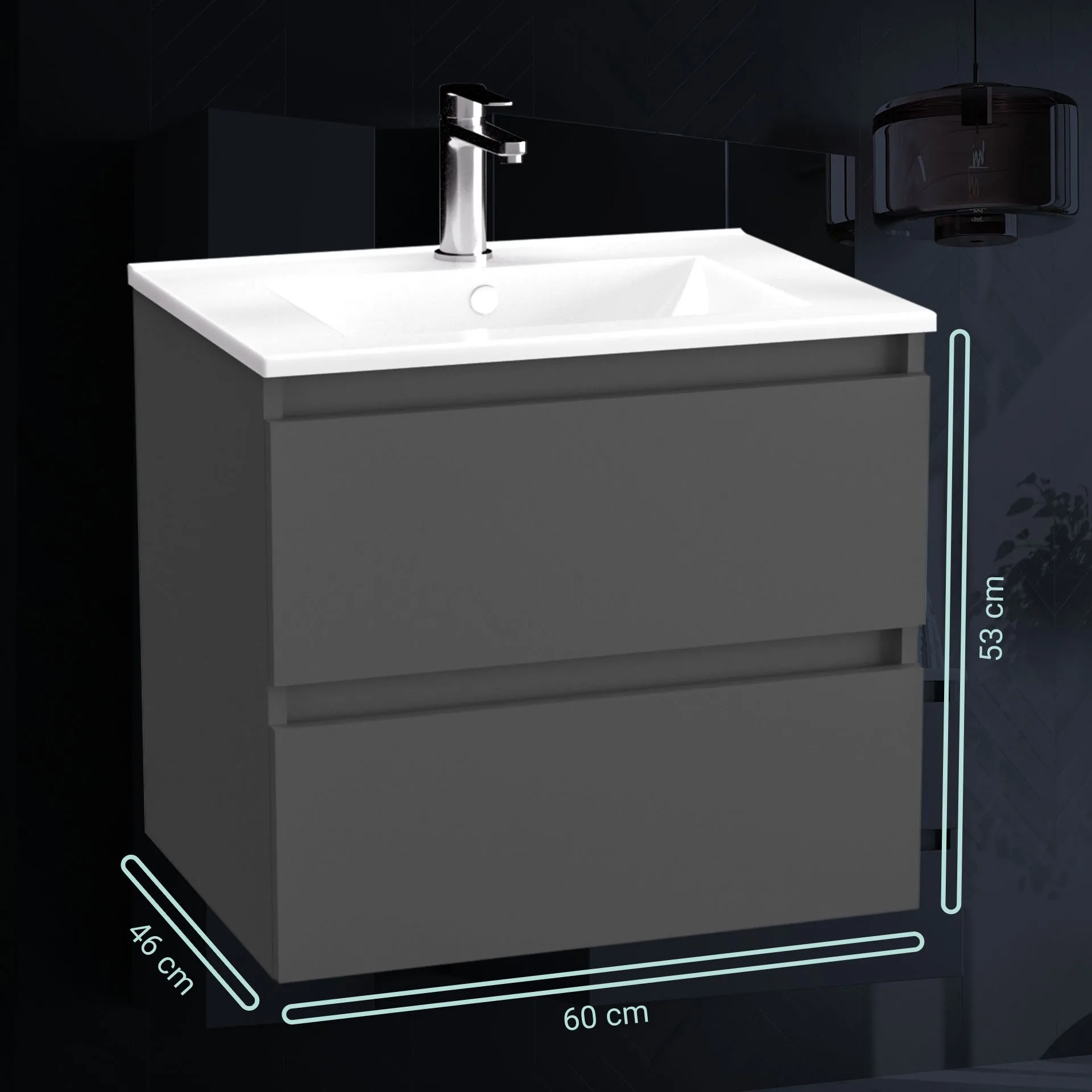 BADEDU GERS Waschbecken mit Unterschrank 60 cm breit, Grau, Waschbecken Keramik Weiß