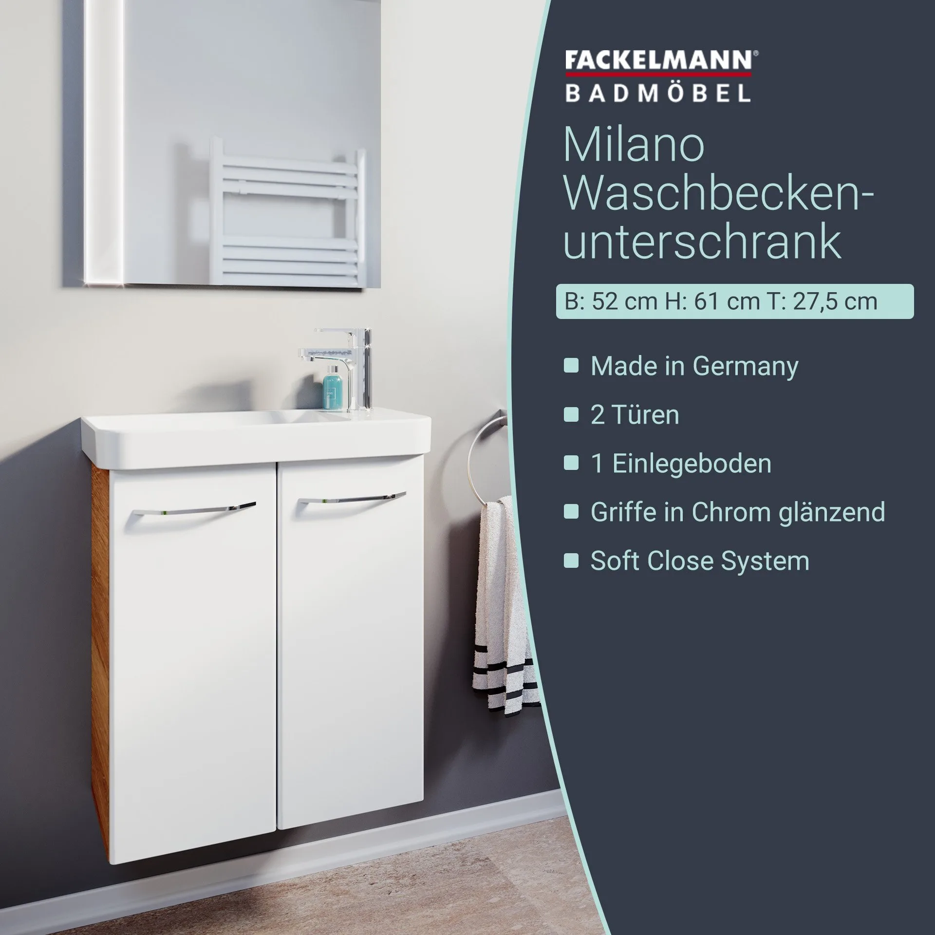 FACKELMANN MILANO Waschbeckenunterschrank Gäste WC 52 cm breit, Weiß/Braun hell