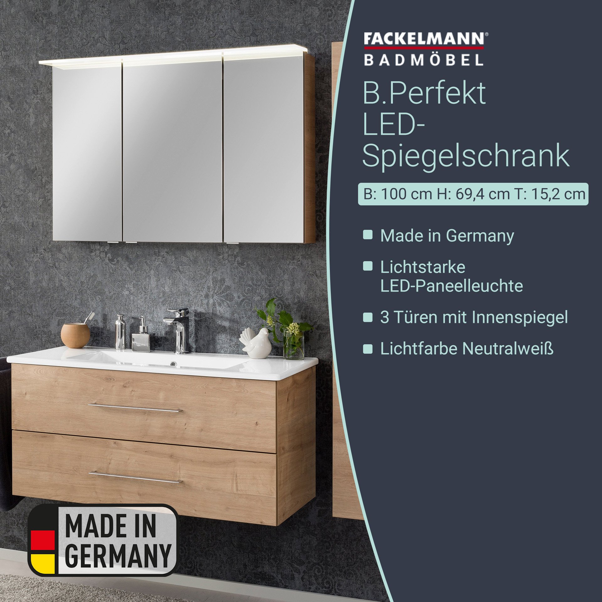 Fackelmann B.PERFEKT LED Spiegelschrank 100 cm breit, Braun hell
