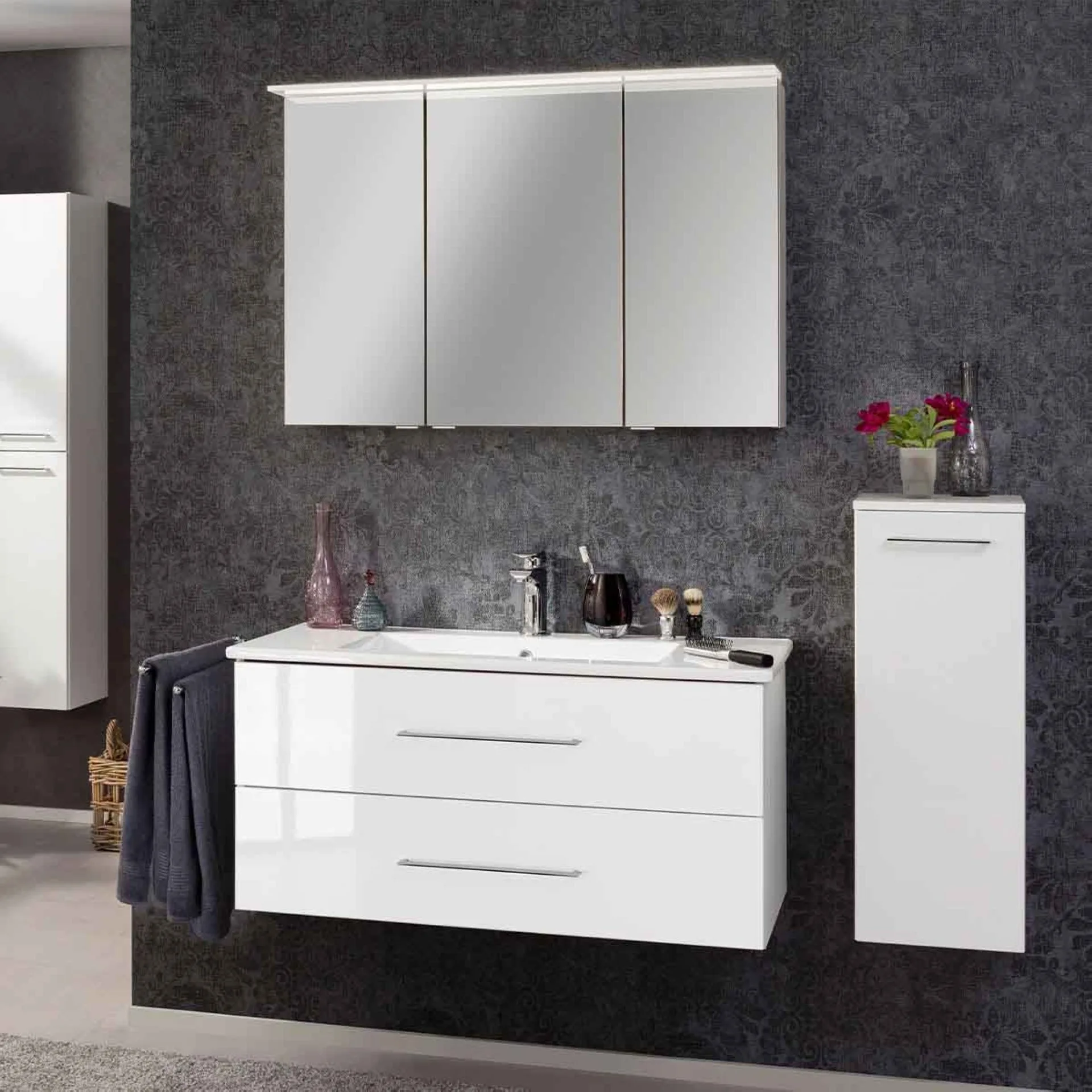 FACKELMANN B.PERFEKT Waschtisch Set mit Spiegelschrank 103 cm breit, Weiß, Waschbecken Keramik Weiß