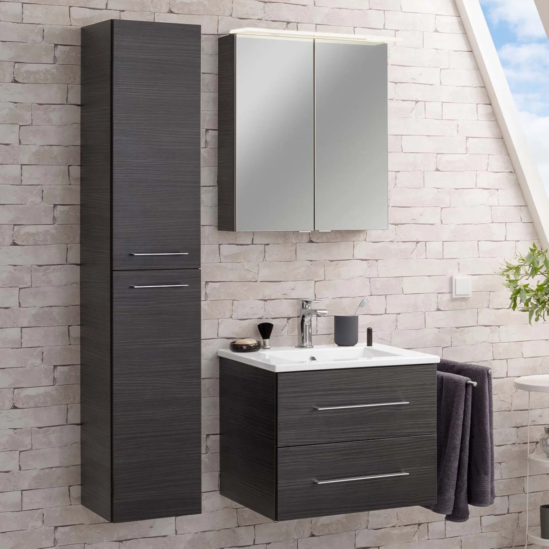 FACKELMANN B.PERFEKT Waschtisch Set mit Spiegel 62 cm breit, Anthrazit, Waschbecken Keramik Weiß