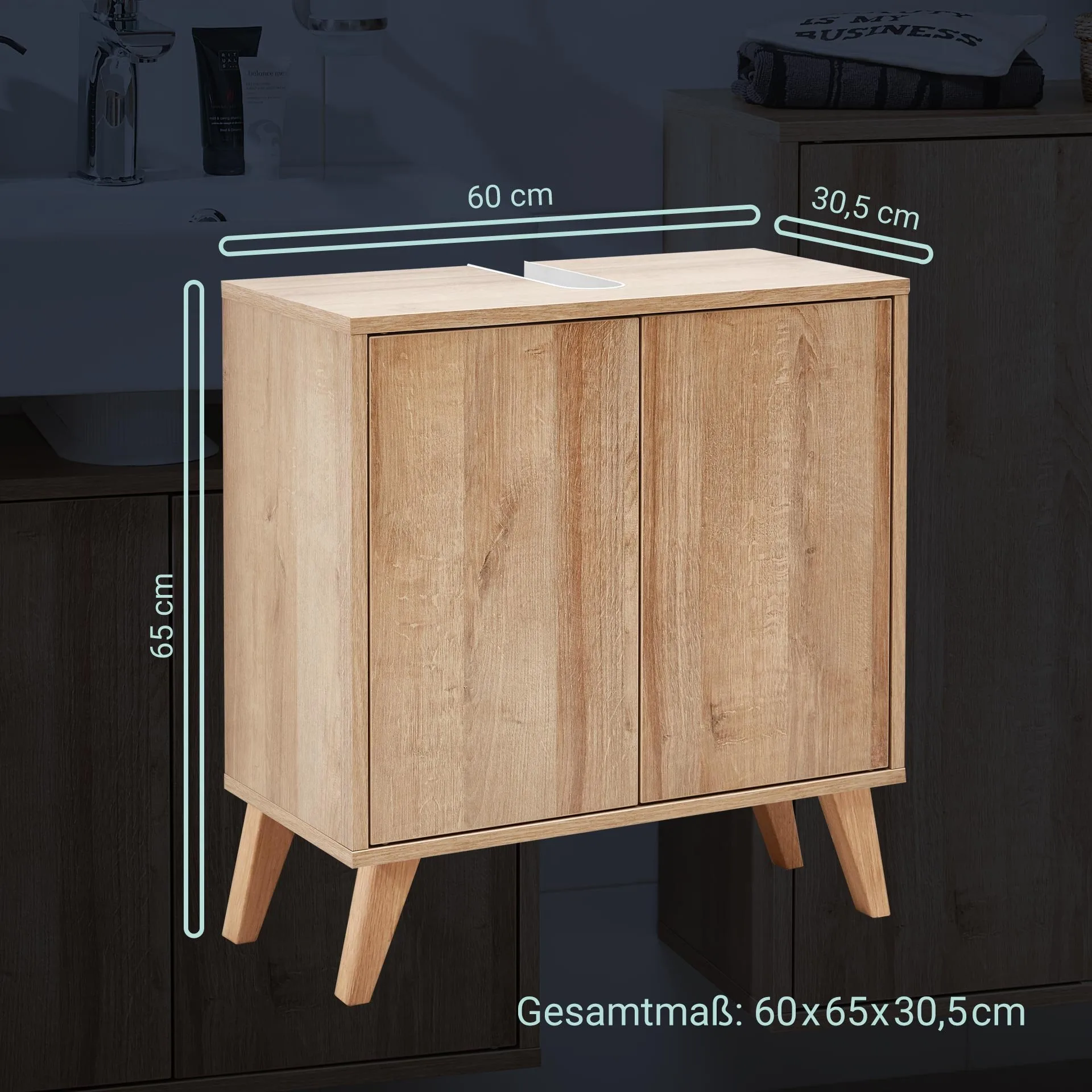 FACKELMANN FINN Waschbecken mit Unterschrank 60 cm breit, Braun hell, Waschbecken Keramik Weiß + Holzfüße