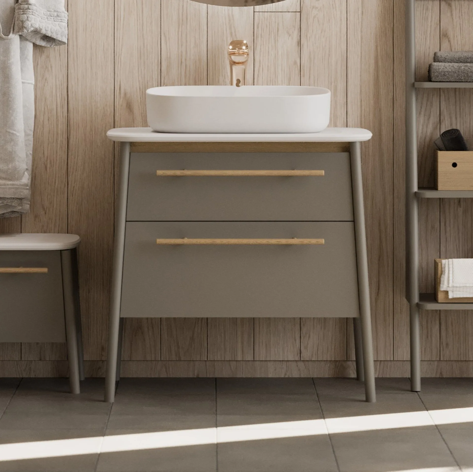 BADEDU TANA Waschbecken mit Unterschrank 80 cm breit, Grau matt, Waschbecken Gussmarmor Weiß, mit Füßen
