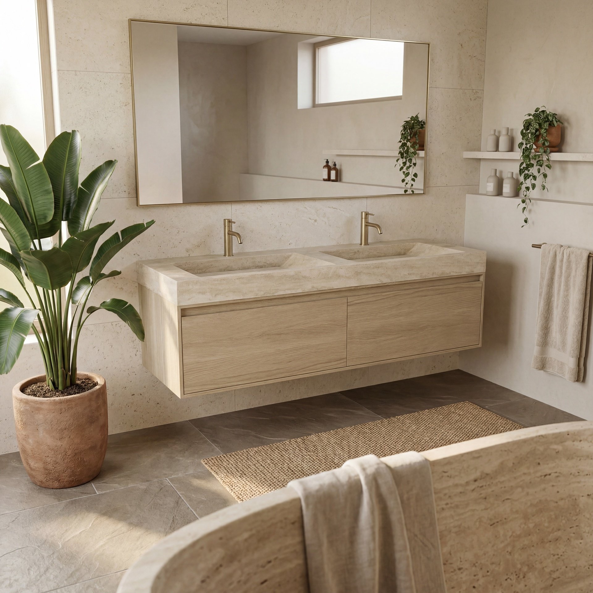 FORZALAQUA IBIZA BELLEZZA Waschbecken mit Unterschrank 140 cm breit, Braun hell, Doppelwaschbecken Naturstein Travertin matt mit zwei Hahnlöchern, 2 Schubladen
