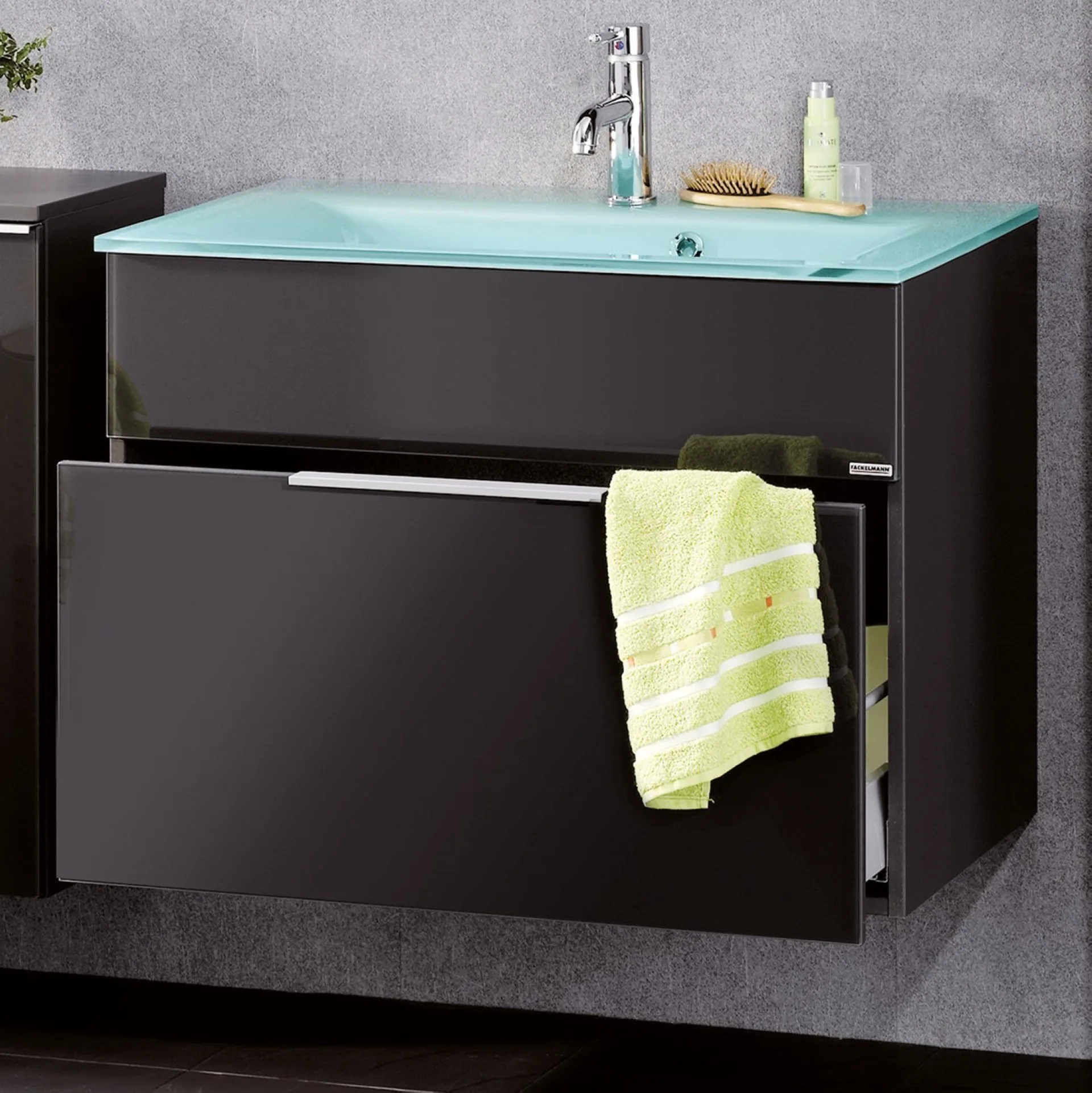 FACKELMANN KARA Waschbecken mit Unterschrank 80 cm breit, Anthrazit, Waschbecken Glas Mint, 1 Schublade