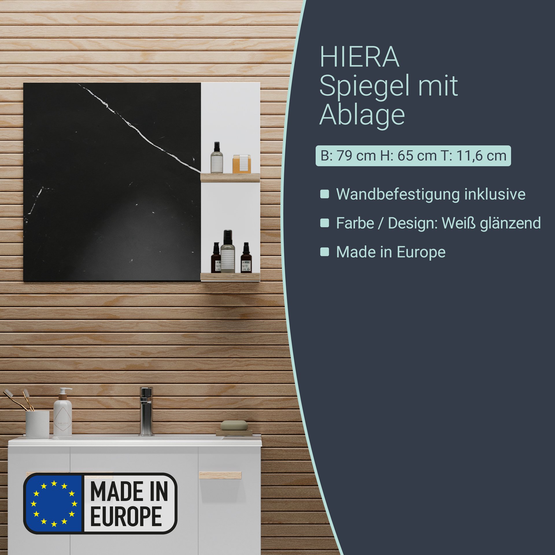 BADEDU HIERA Spiegel 79 cm breit, Weiß, zwei Ablagen