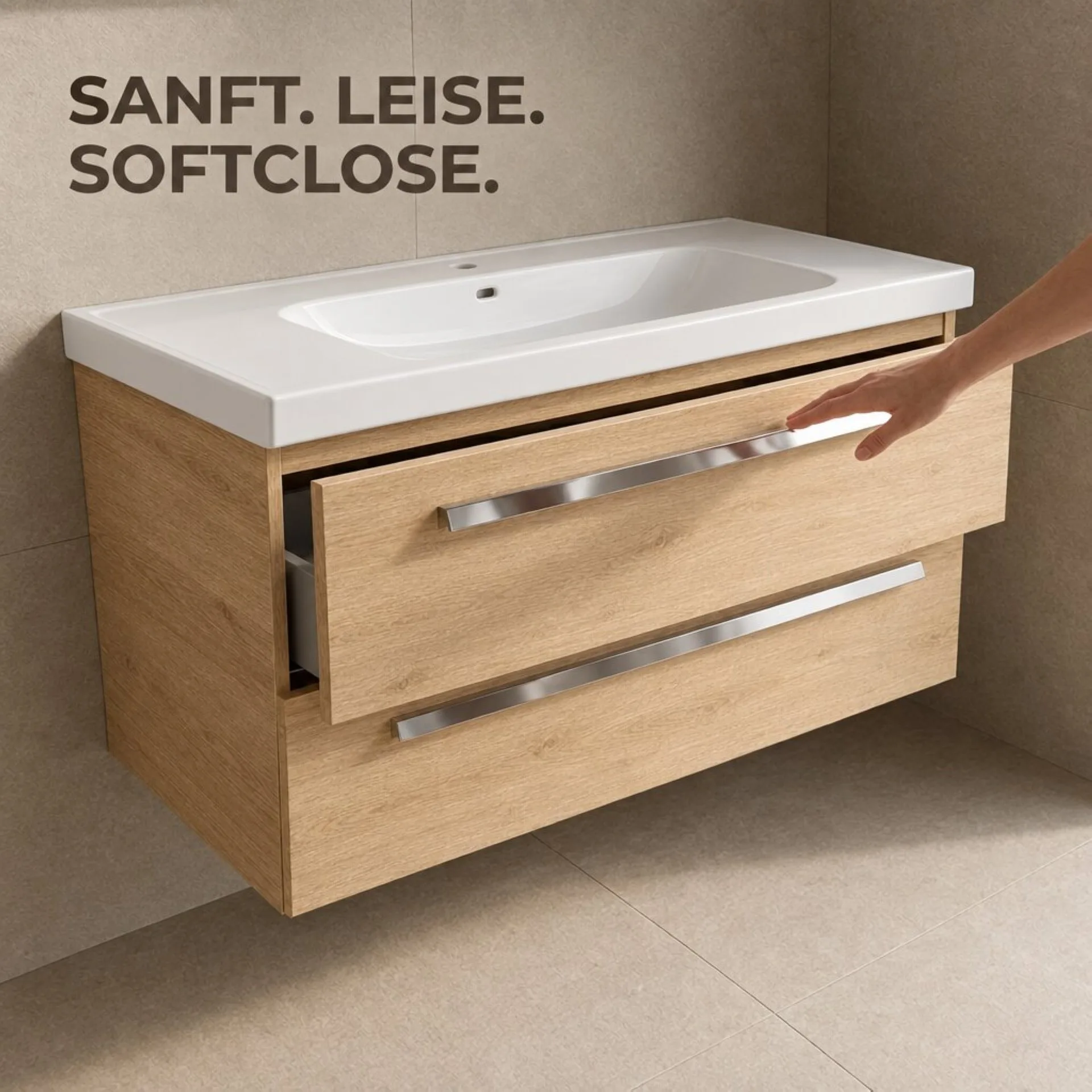 BADEDU TESSANO Waschbecken mit Unterschrank 120 cm breit, Braun hell, Waschbecken Keramik Weiß