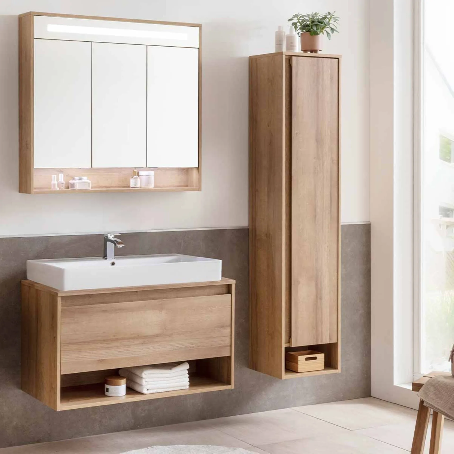 FACKELMANN NATURA Badmöbel Set 4-teilig 94 cm breit, Braun hell, Aufsatzwaschbecken Keramik Weiß + LED Spiegelschrank + Hochschrank Türanschlag rechts