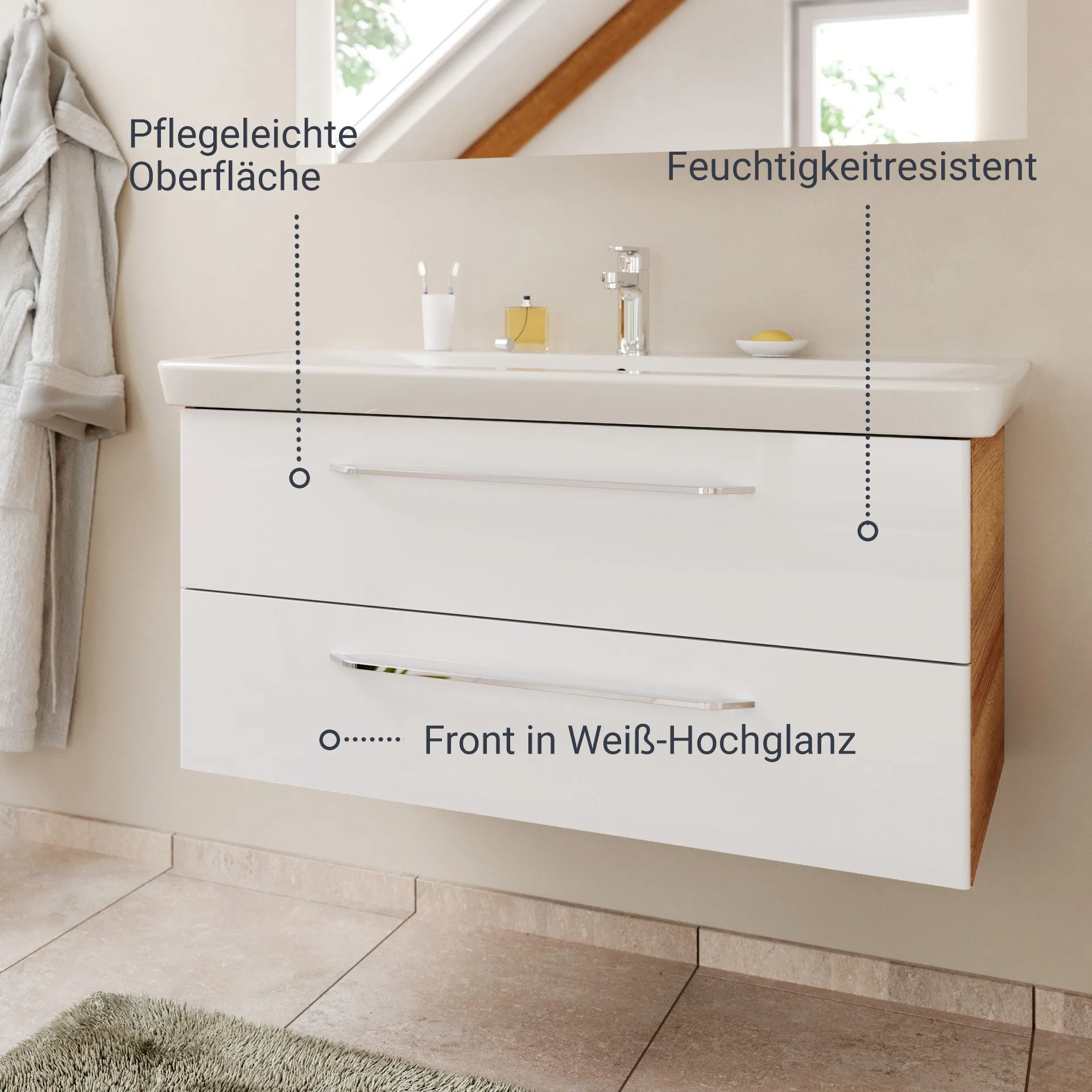 FACKELMANN MILANO Waschbecken mit Unterschrank 107 cm breit, Weiß/Braun hell, Waschbecken Keramik Weiß