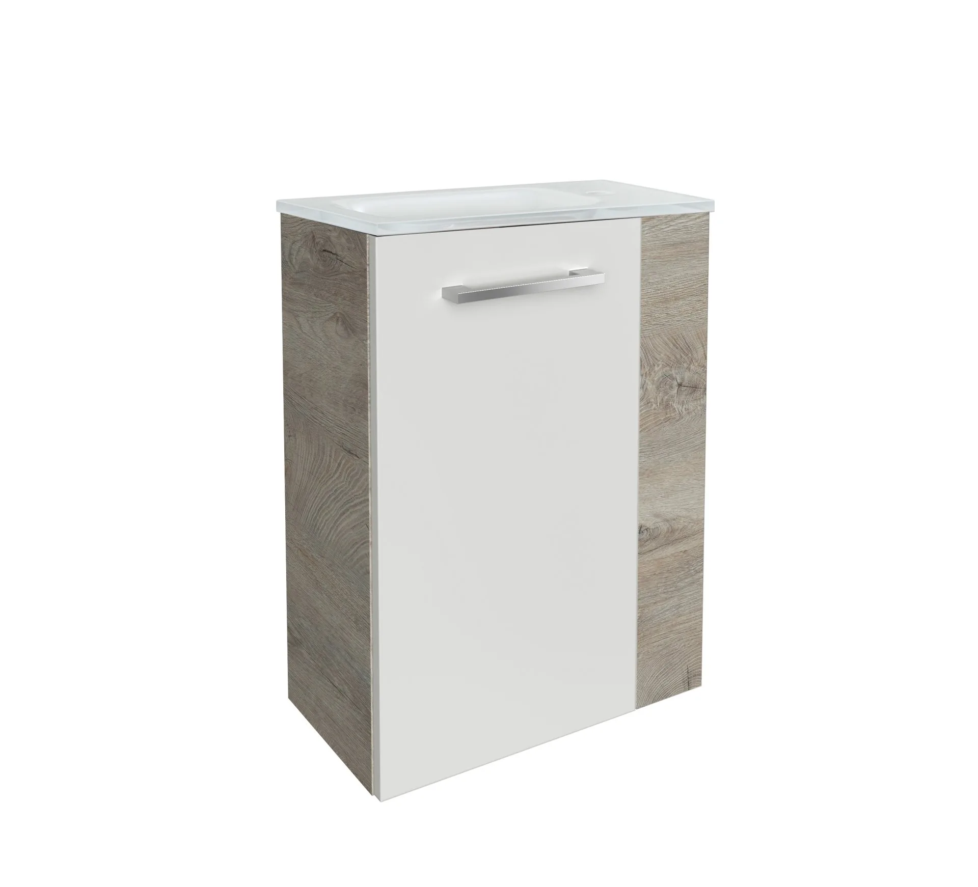 FACKELMANN SBC STANFORD Gäste WC Waschtisch Set 45 cm breit, Weiß/Braun hell, Waschbecken Glas Weiß, Türanschlag links
