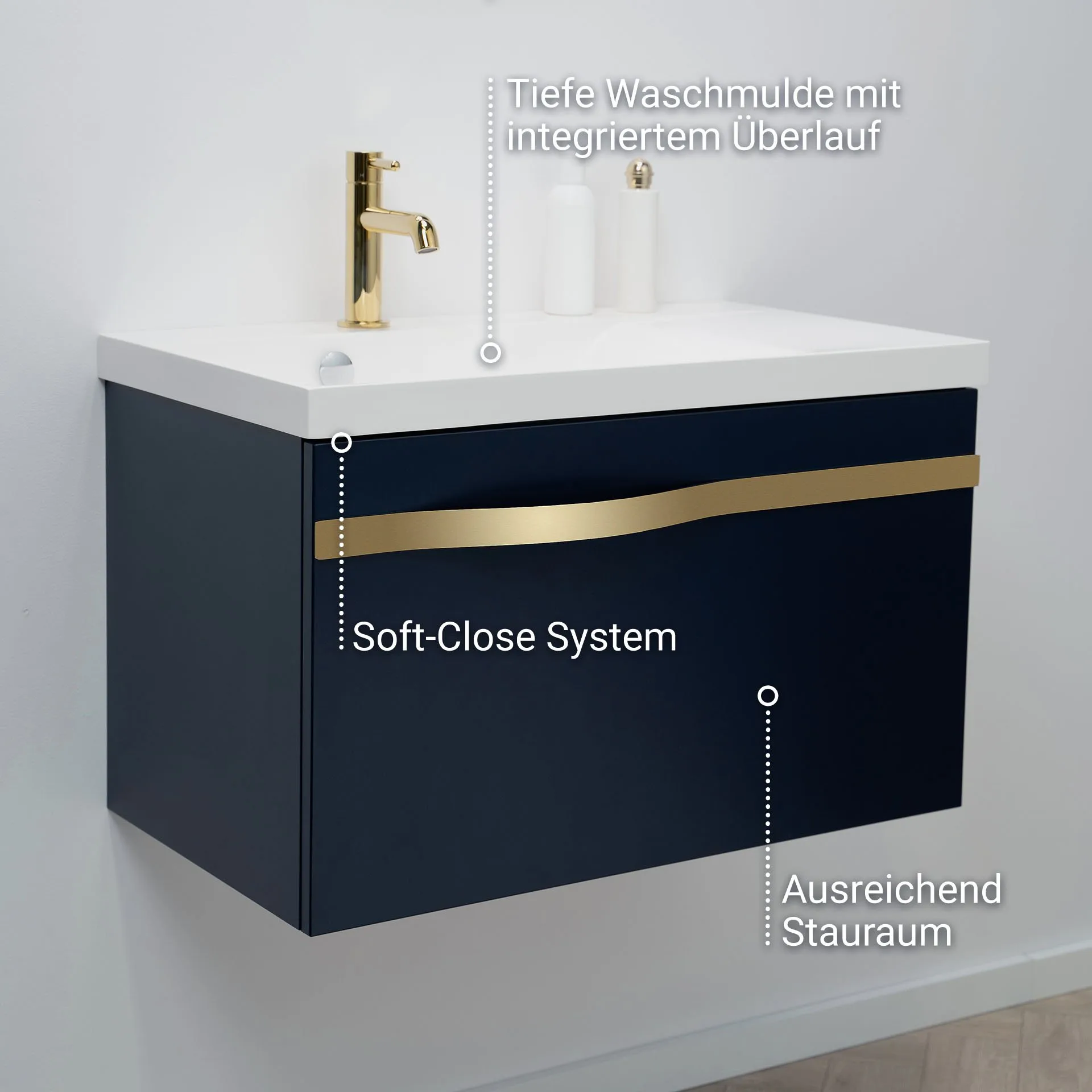 BADEDU FILS Waschbecken mit Unterschrank 69 cm breit, Blau, Waschbecken Gussmarmor Weiß, Griff Gold