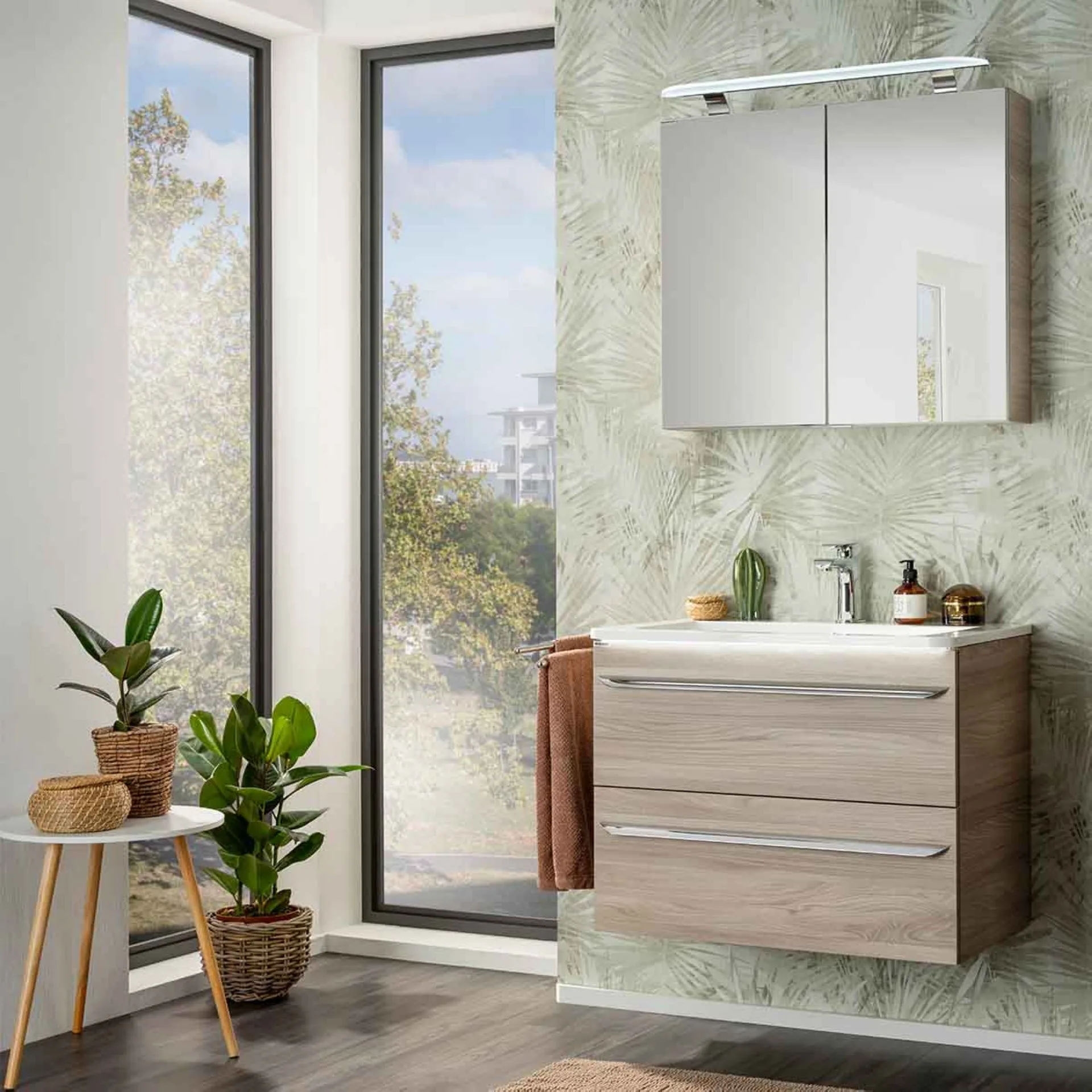 FACKELMANN LUXOR Waschbecken mit Unterschrank 80 cm breit, Braun hell, Waschbecken Gussmarmor Weiß