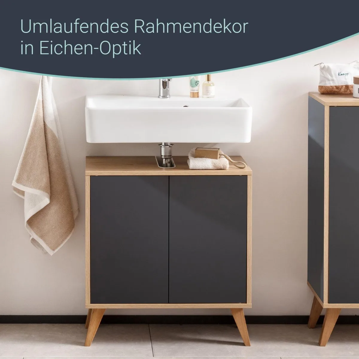 FACKELMANN FINN Waschbeckenunterschrank 60 cm breit, Anthrazit/Braun hell + Holzfüße