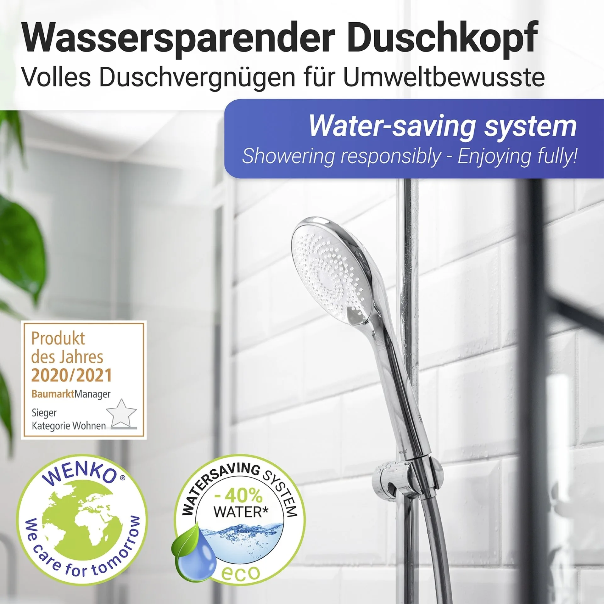 WENKO Duschkopf Ø 11 cm, Chrom, mit Wassersparsystem, 3 verschiedene Wasserstrahlarten