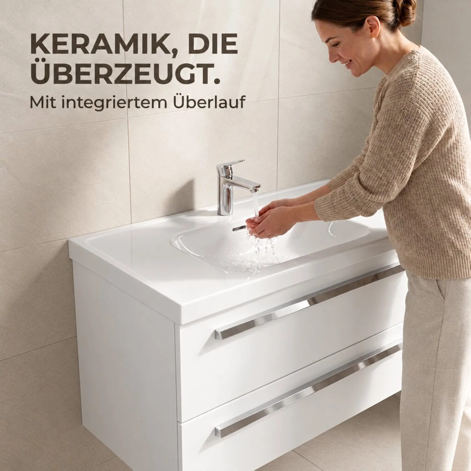 BADEDU TESSANO Waschbecken mit Unterschrank 90 cm breit, Weiß, Waschbecken Keramik Weiß