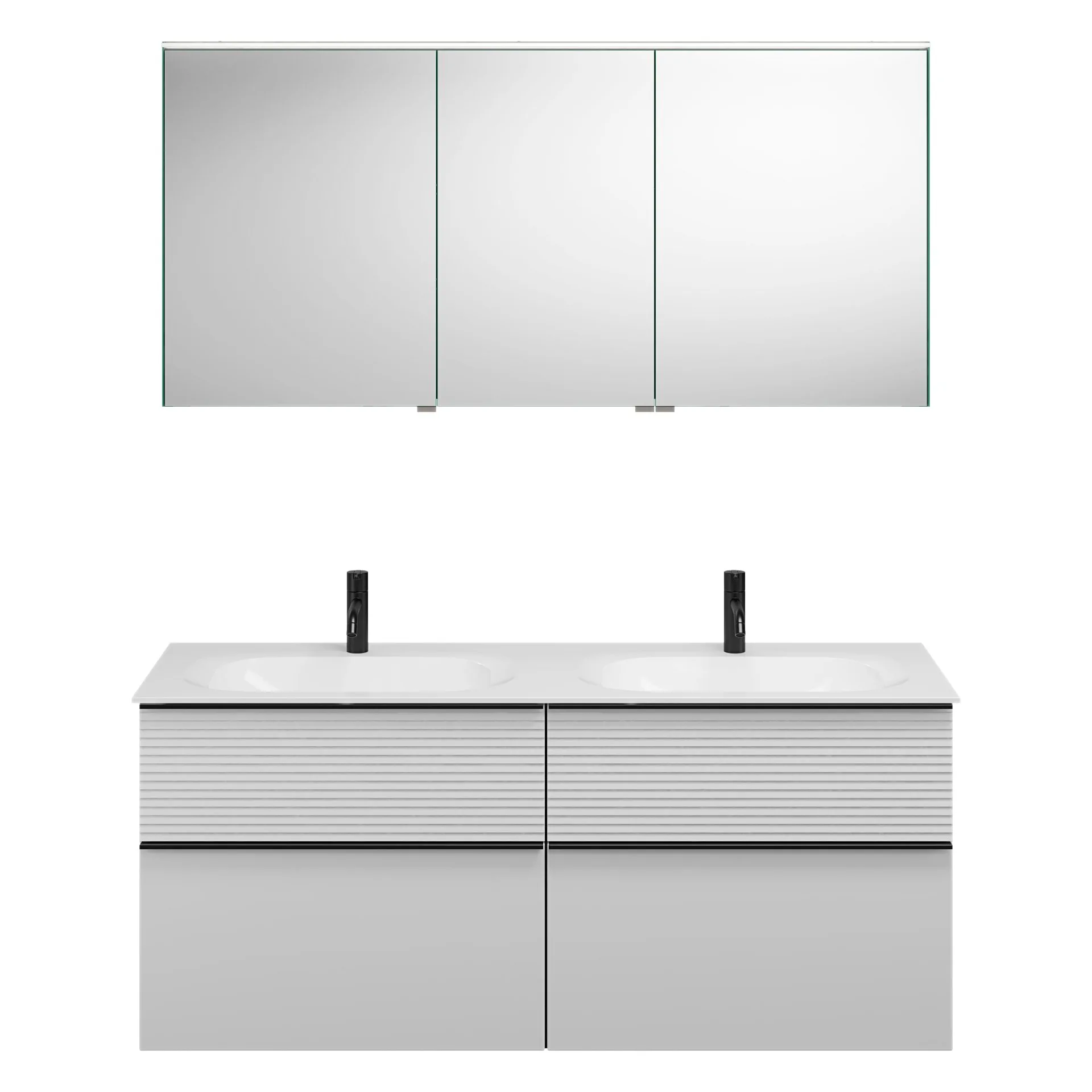 Burgbad FIUMO Waschtisch Set mit Spiegelschrank 142 cm breit, Weiß, Doppelwaschbecken Gussmarmor Weiß , 4 Schubladen, Anschlag links