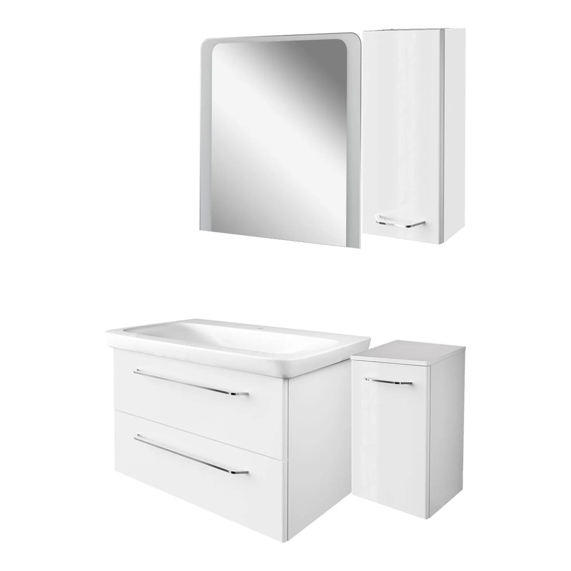FACKELMANN MILANO Badmöbel Set 5-teilig 88 cm breit, Weiß, Waschbecken Keramik Weiß + LED Spiegel + Unterschrank + Hängeschrank