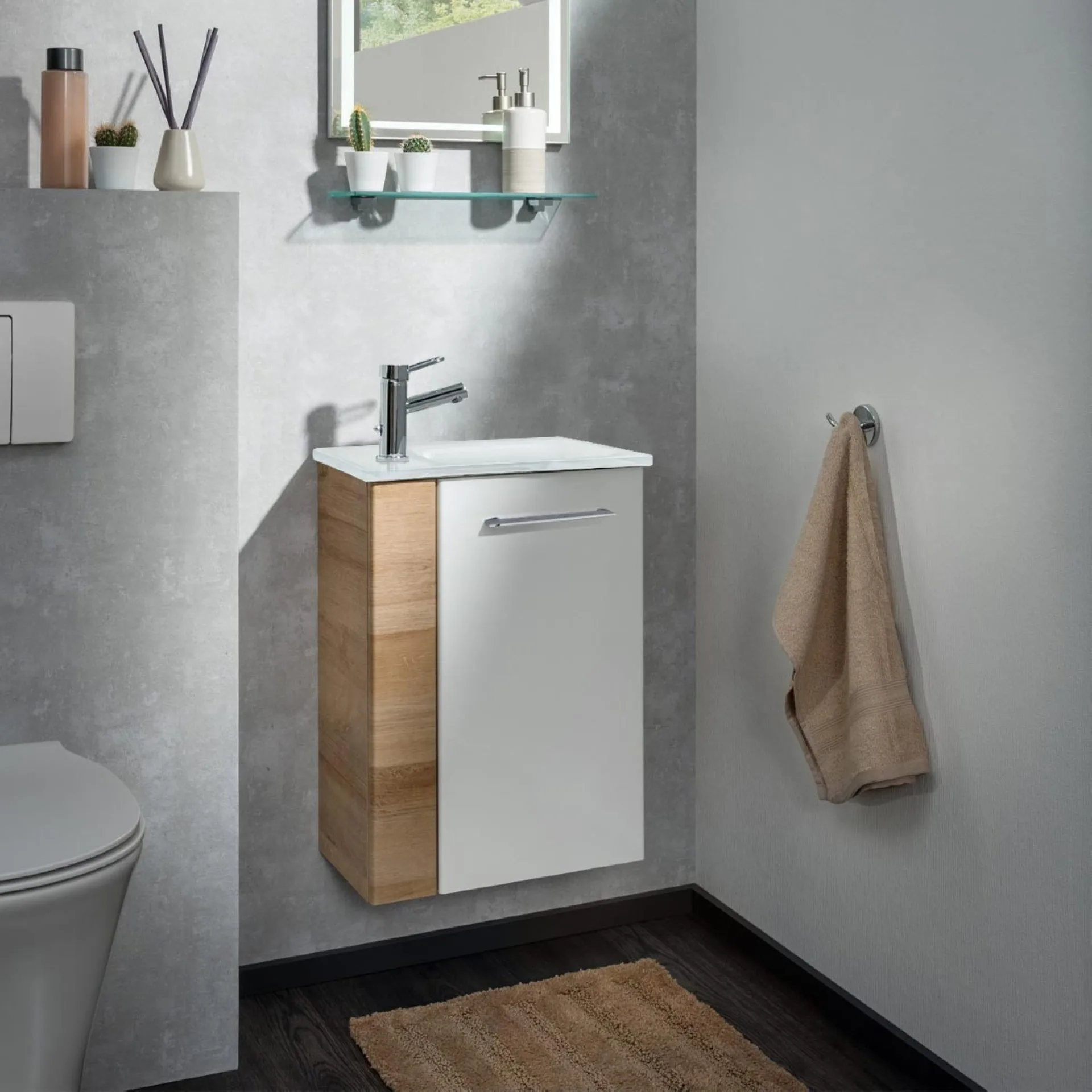 FACKELMANN SBC MILANO Gäste WC Waschtisch Set 45 cm breit, Weiß/Braun hell, Waschbecken Glas Weiß, Türanschlag rechts