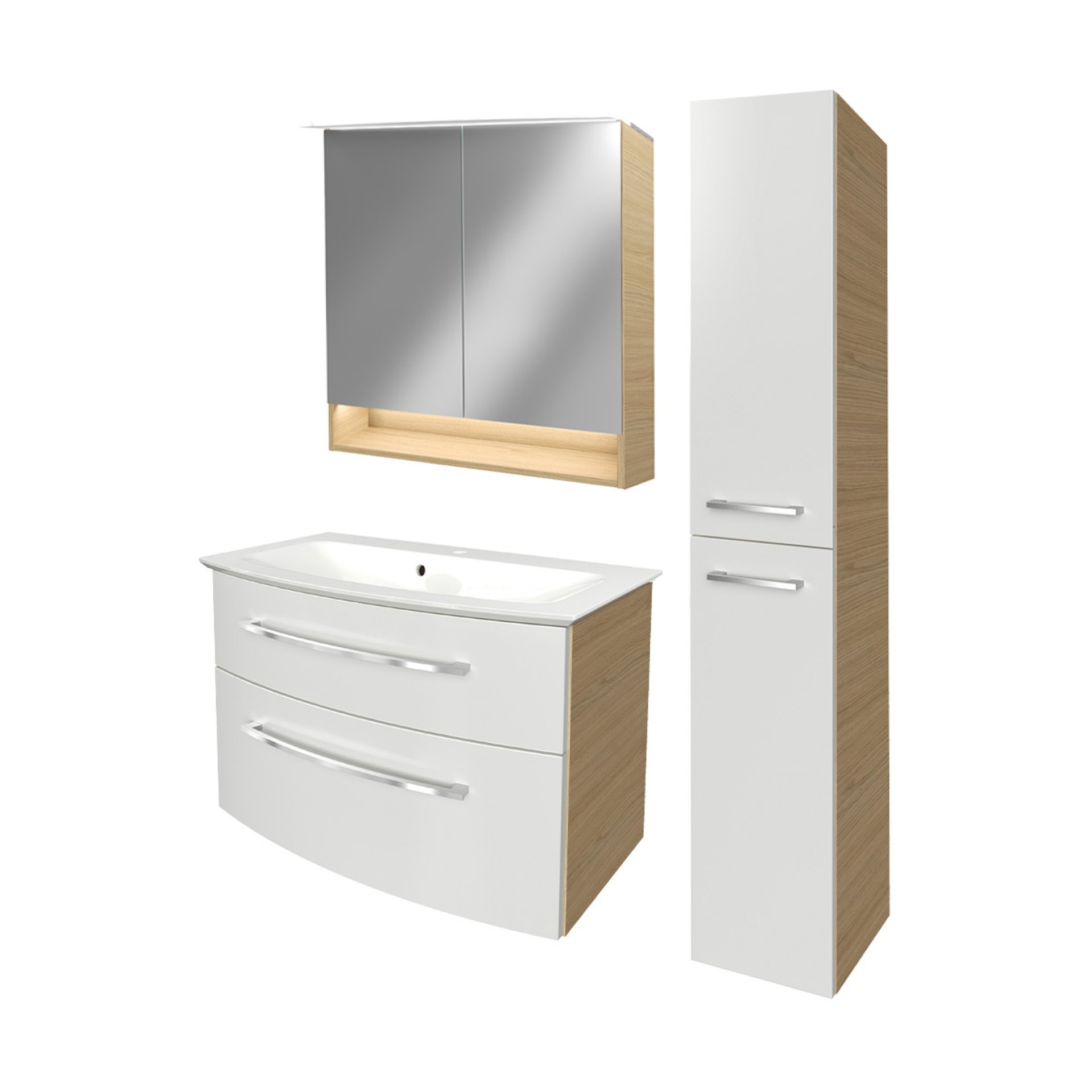 Fackelmann B.STYLE Badmöbel Set 4-teilig, 83 cm, Weiß/Braun + LED-Spiegelschrank + Hochschrank rechts