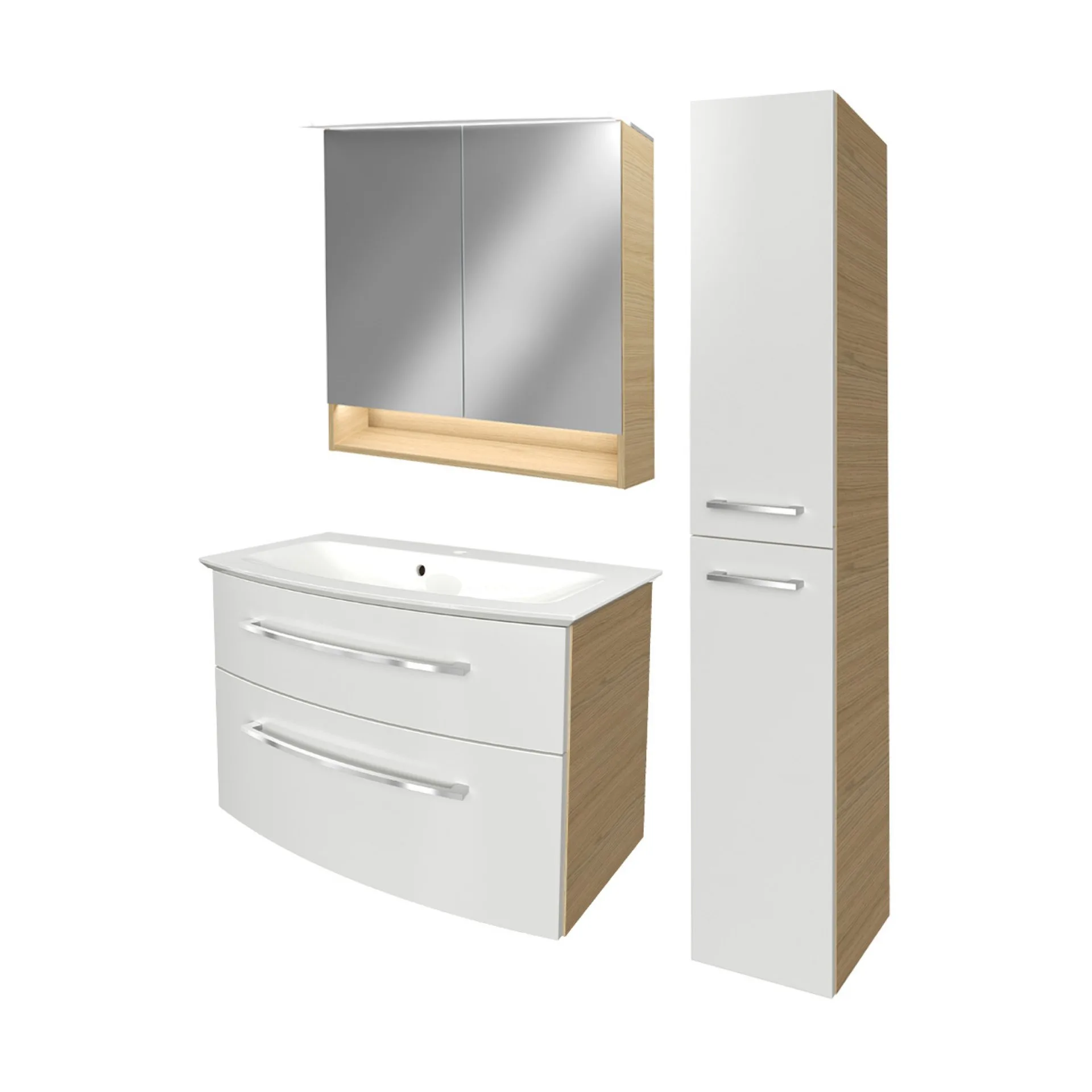 FACKELMANN B.STYLE Badmöbel Set 4-teilig 83 cm breit, Weiß/Braun, Waschbecken Gussmarmor Weiß + LED-Spiegelschrank + Hochschrank Türanschlag rechts