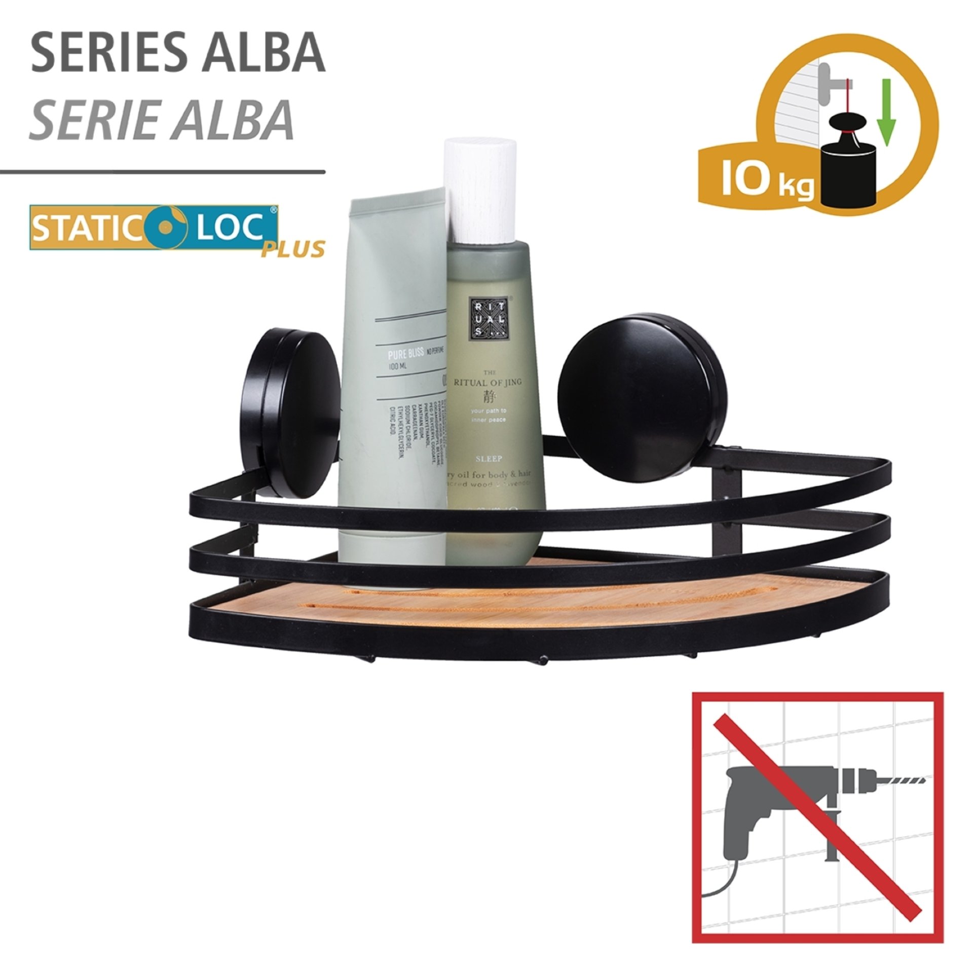 WENKO ALBA Dusch Eckablage, Schwarz/Braun, Befestigen ohne Bohren, Edelstahl/Bambus