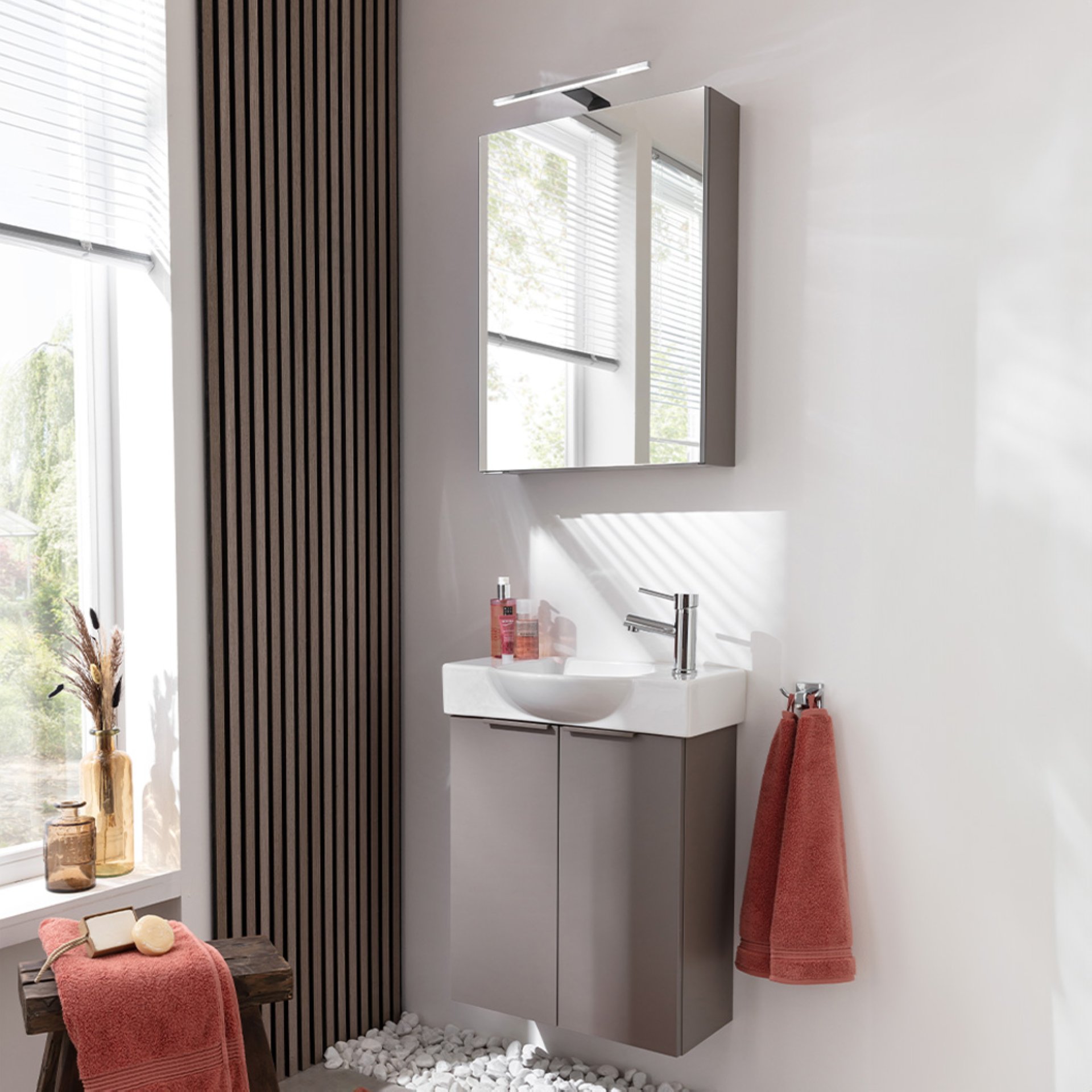 FACKELMANN SBC B.PARIS Gäste WC Waschtisch Set mit Spiegelschrank 55 cm breit, Grau, Türanschlag rechts