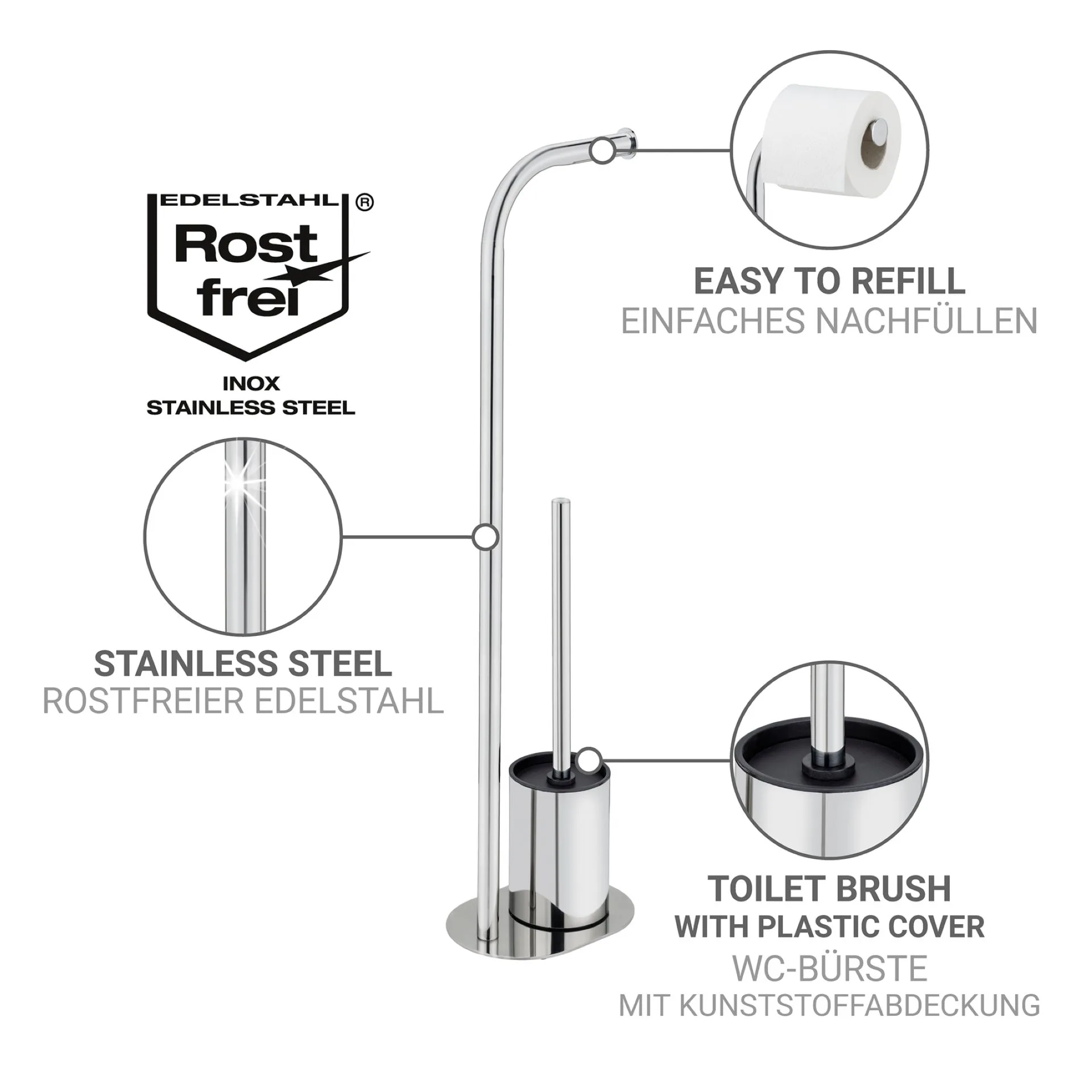 WENKO LEVANTE WC-Garnitur, Silber glänzend, mit Toilettenpapierhalter, stehend