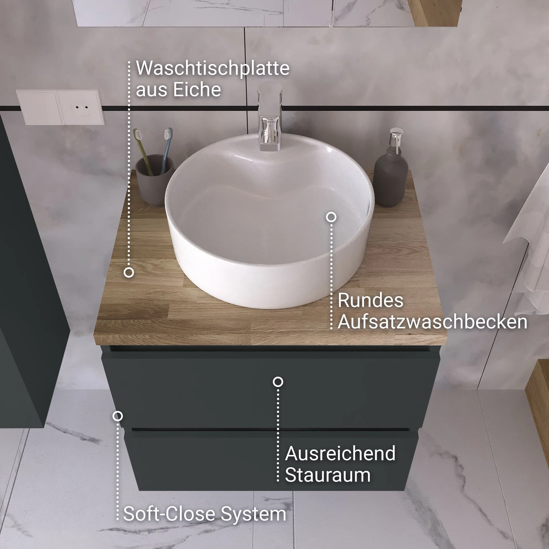 BADEDU GERS Waschbecken mit Unterschrank 60 cm breit, Grau, Aufsatzwaschbecken Keramik Weiß Waschtischplatte Braun hell