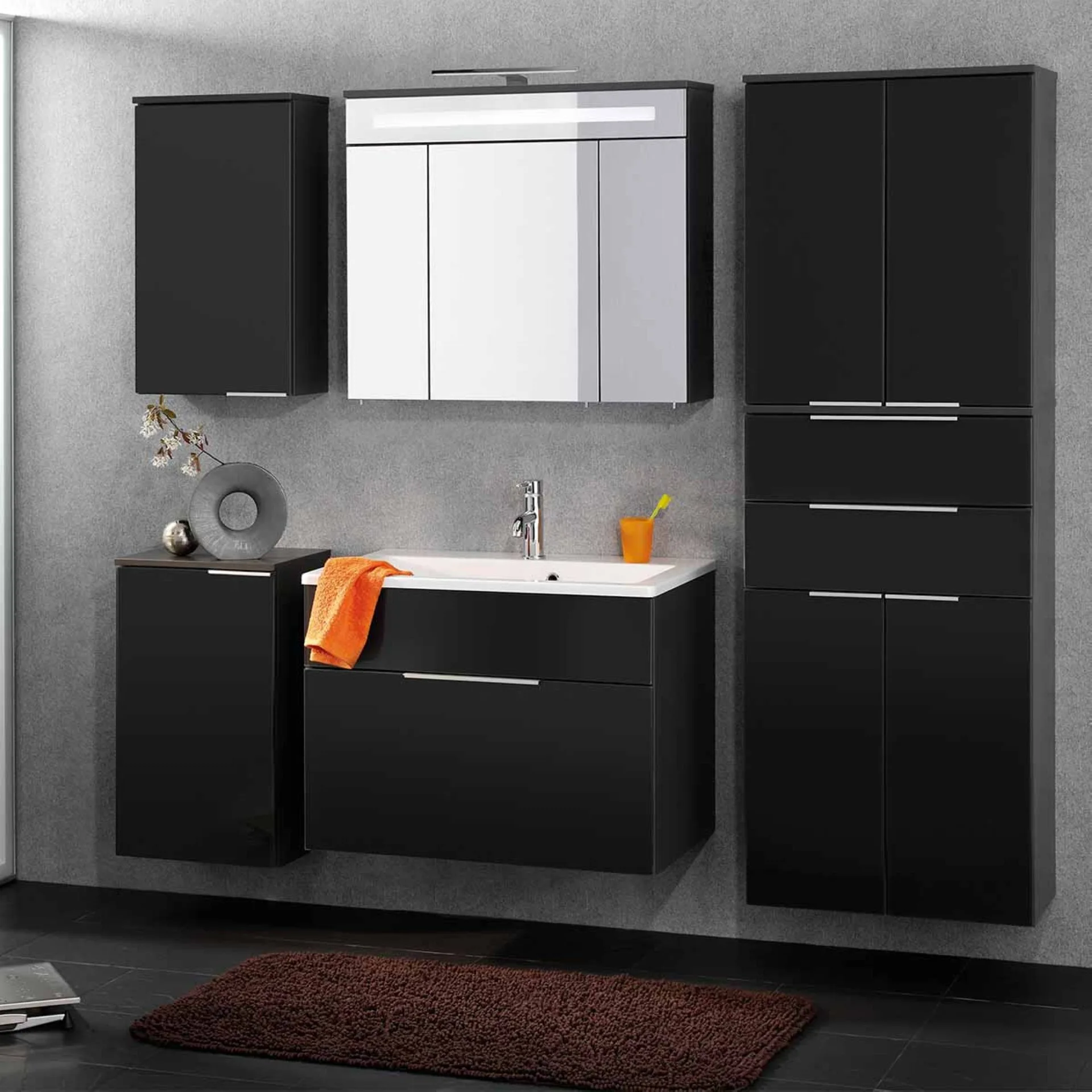 FACKELMANN KARA Waschbecken mit Unterschrank 80 cm breit, Anthrazit, Waschbecken Gussmarmor Weiß, 1 Schublade