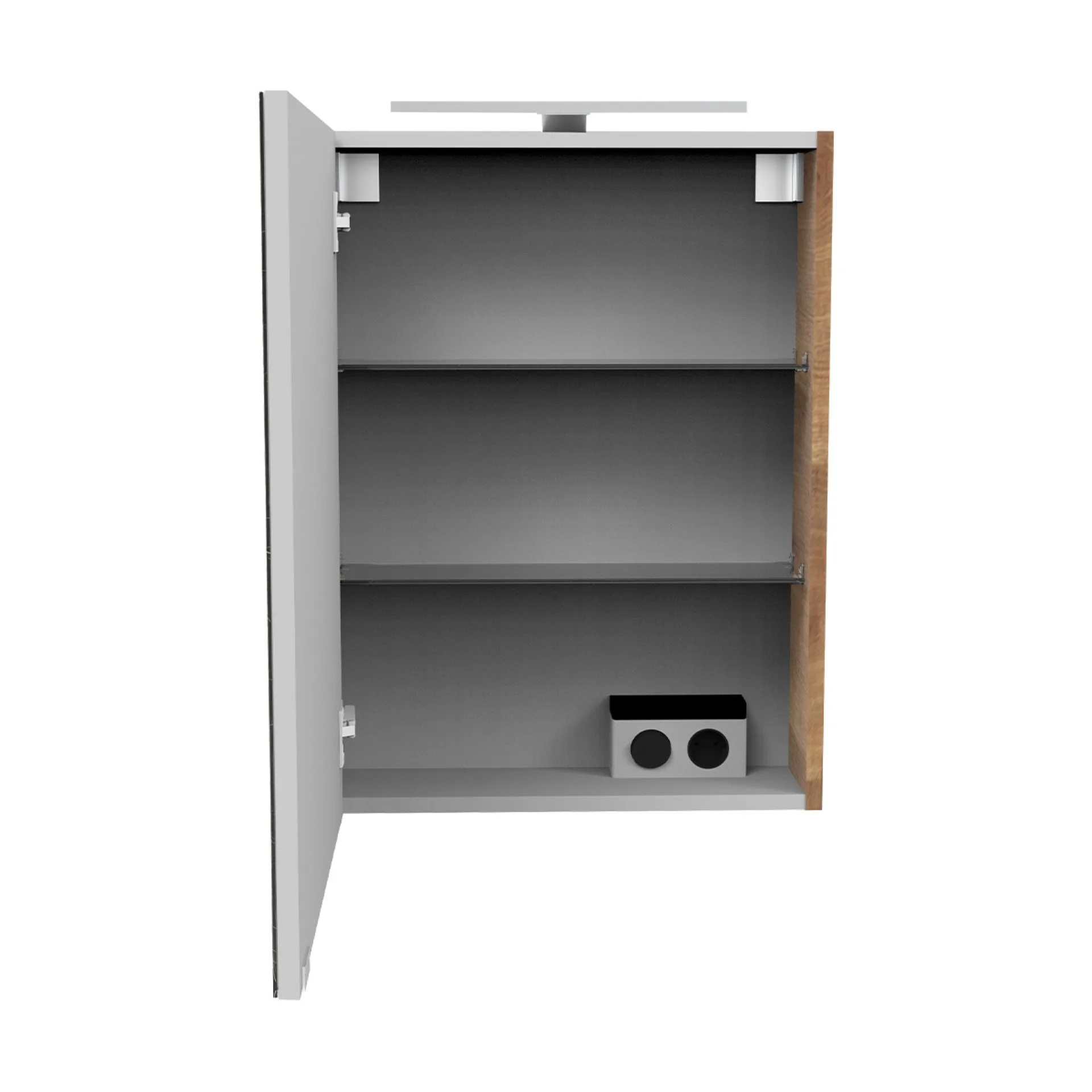 FACKELMANN SBC MILANO Gäste WC Spiegelschrank 50 cm breit, Braun hell, Türanschlag links + Aufsatzleuchte