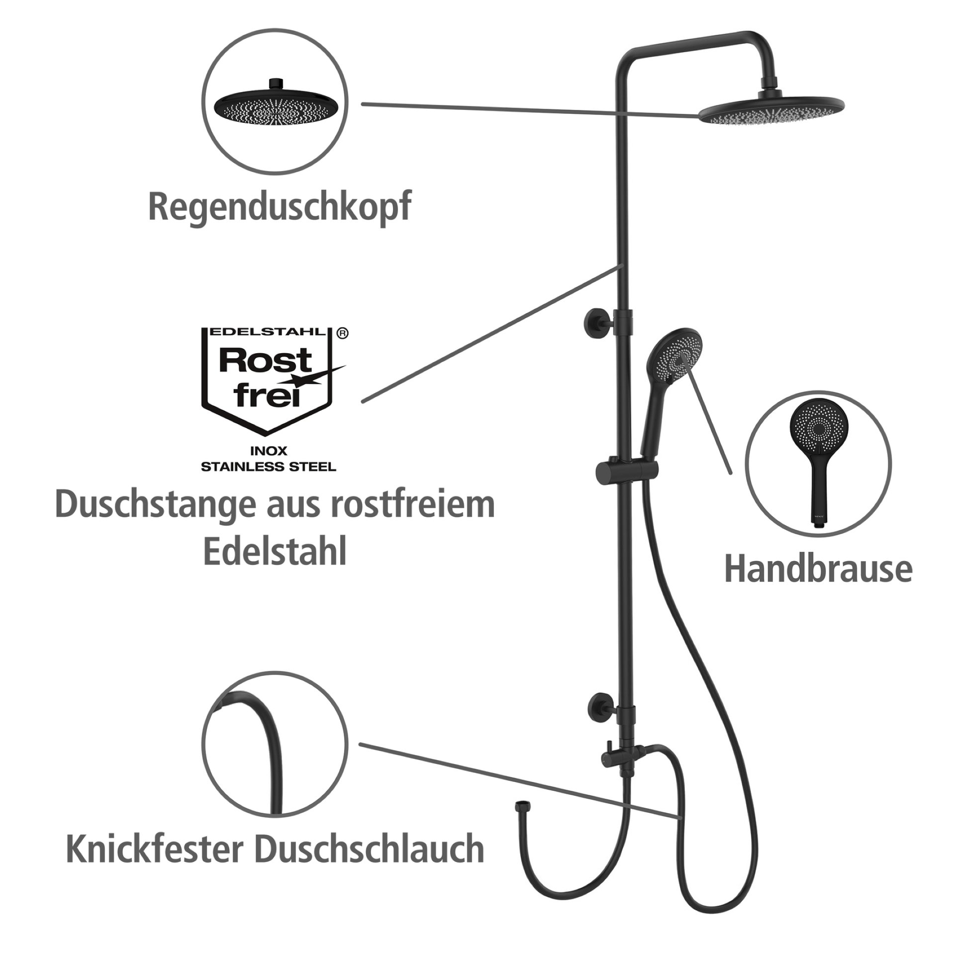 WENKO Duschsystem, Schwarz, mit Wassersparsystem, 3 verschiedene Wasserstrahlarten, Edelstahl