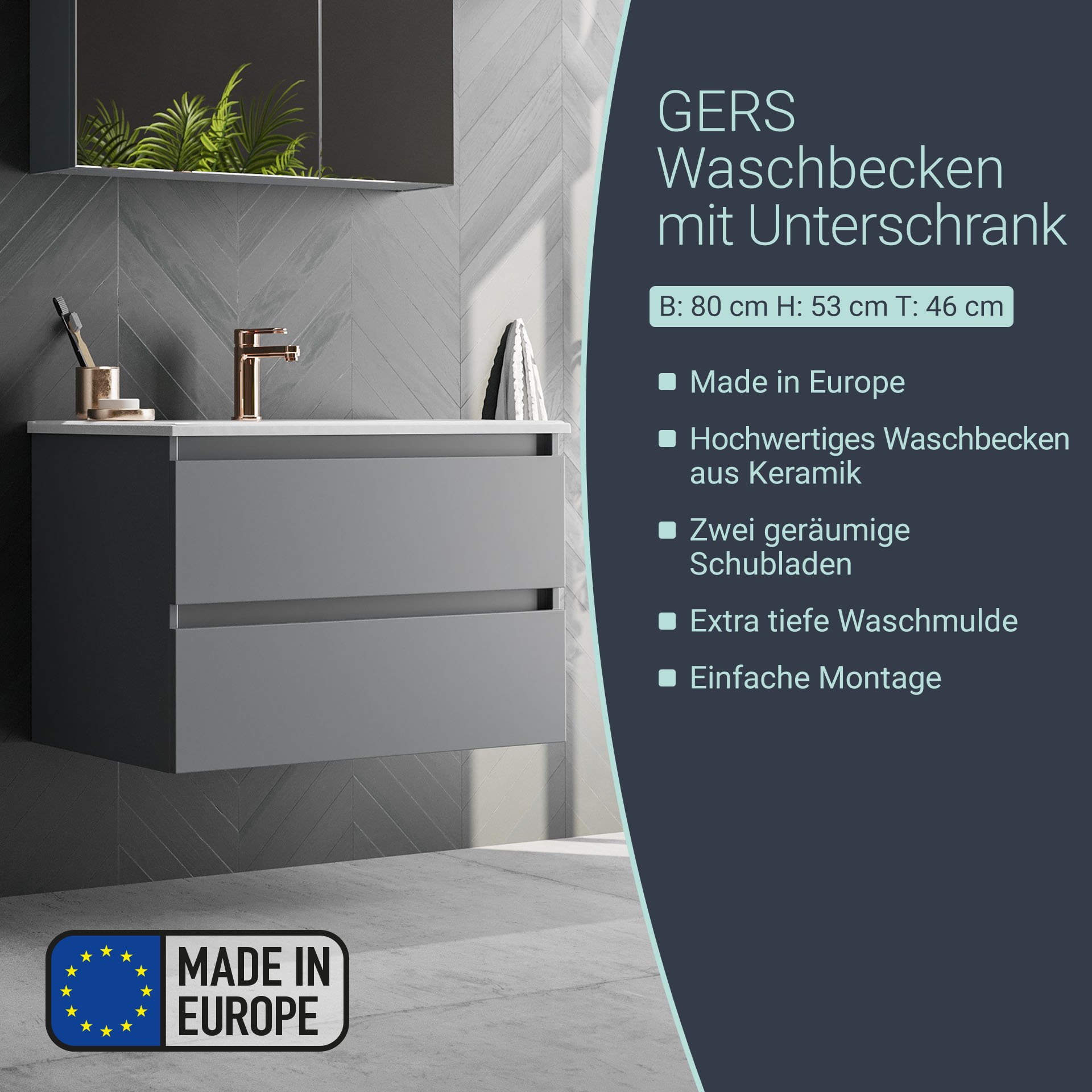 BADEDU GERS Waschbecken mit Unterschrank 80 cm breit, Grau, Waschbecken Keramik Weiß