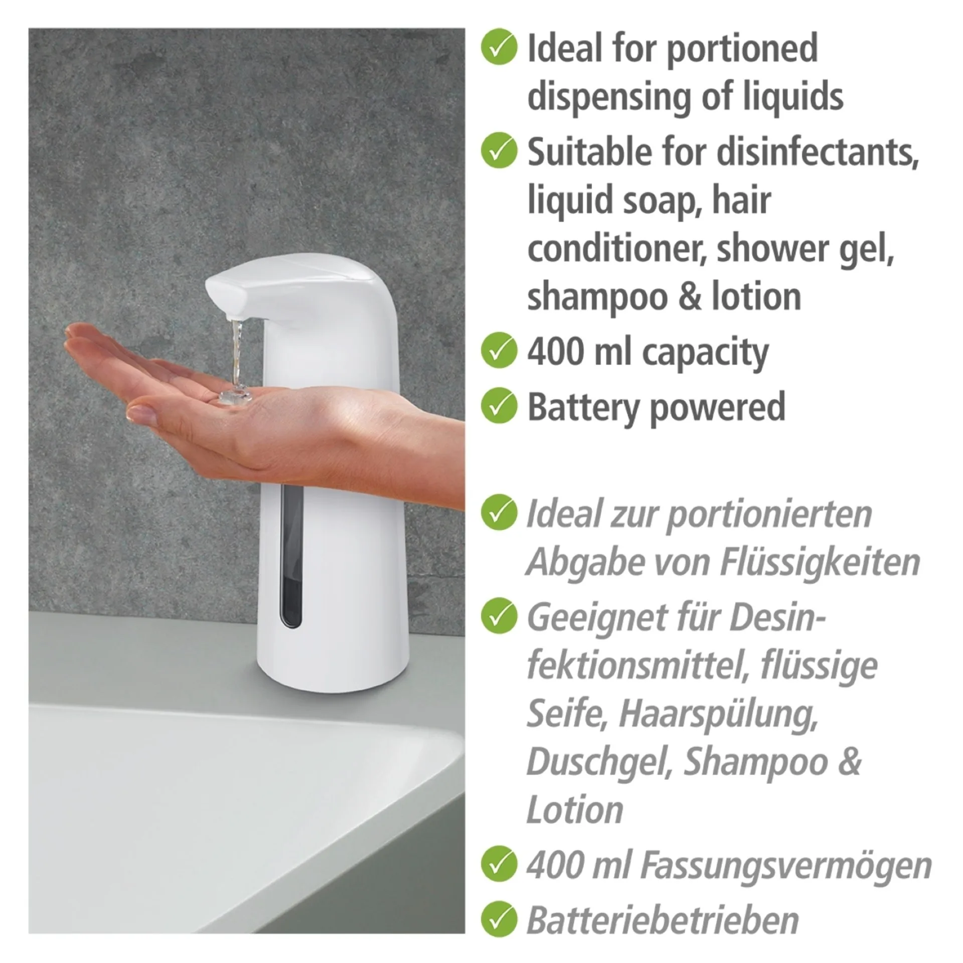 WENKO LARINO Seifenspender 400 ml, Weiß, Desinfektionsmittelspender, mit Infrarot