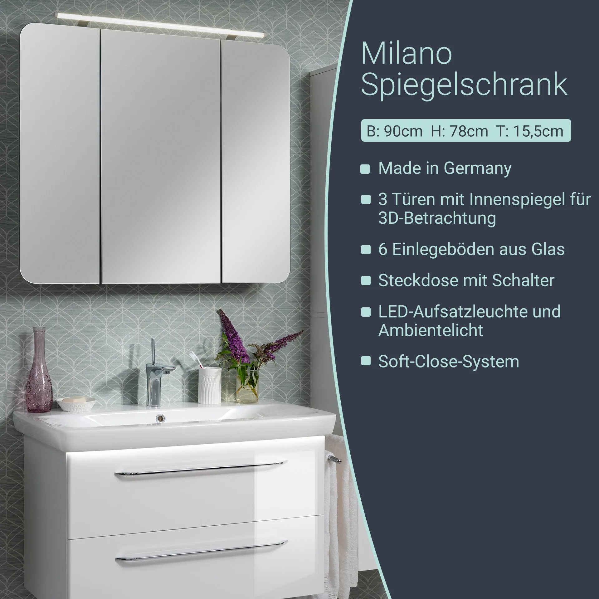 FACKELMANN MILANO LED Spiegelschrank 90 cm breit, Weiß