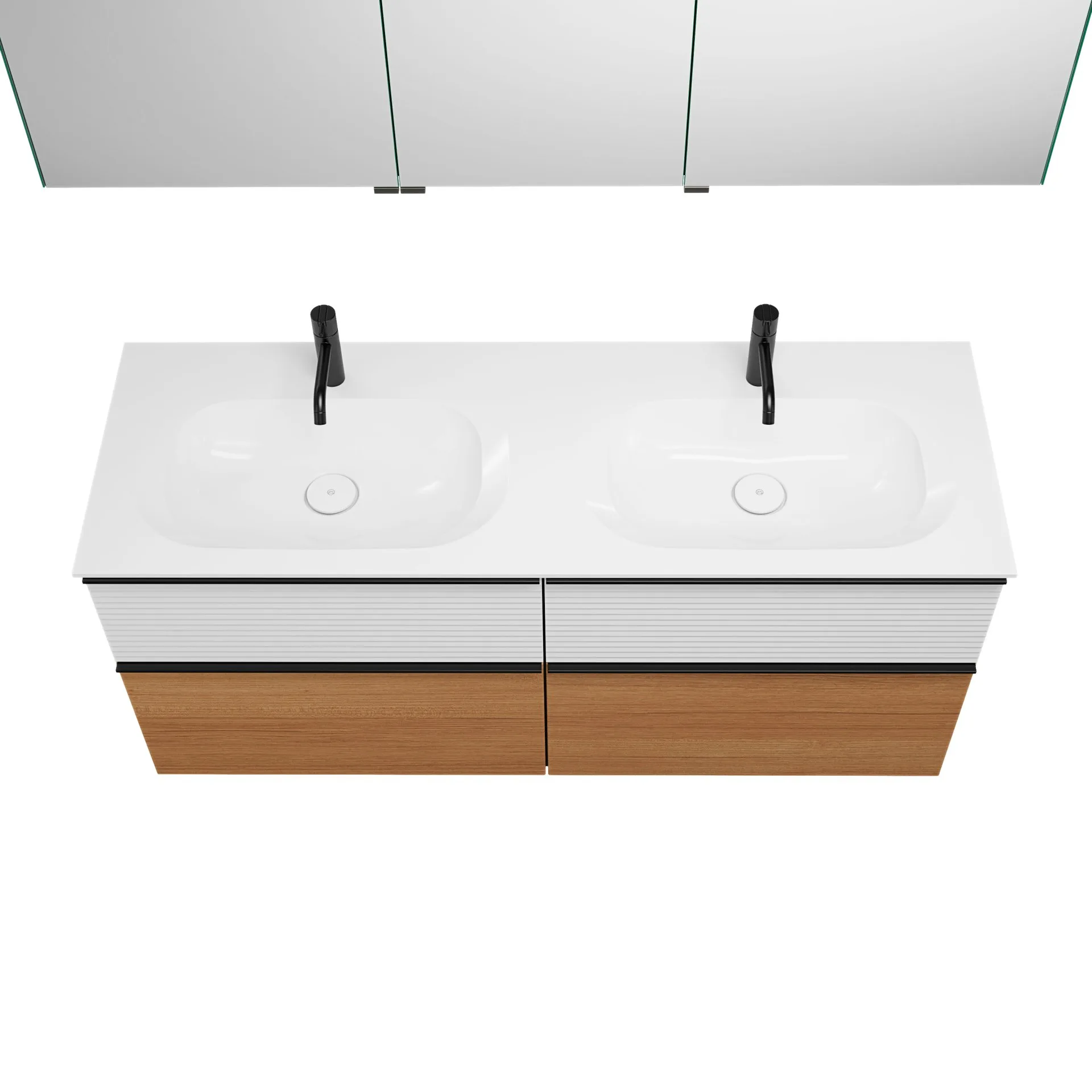 Burgbad FIUMO Waschtisch Set mit Spiegelschrank 142 cm breit, Weiß/Braun, Doppelwaschbecken Gussmarmor Weiß, 4 Schubladen, Anschlag rechts