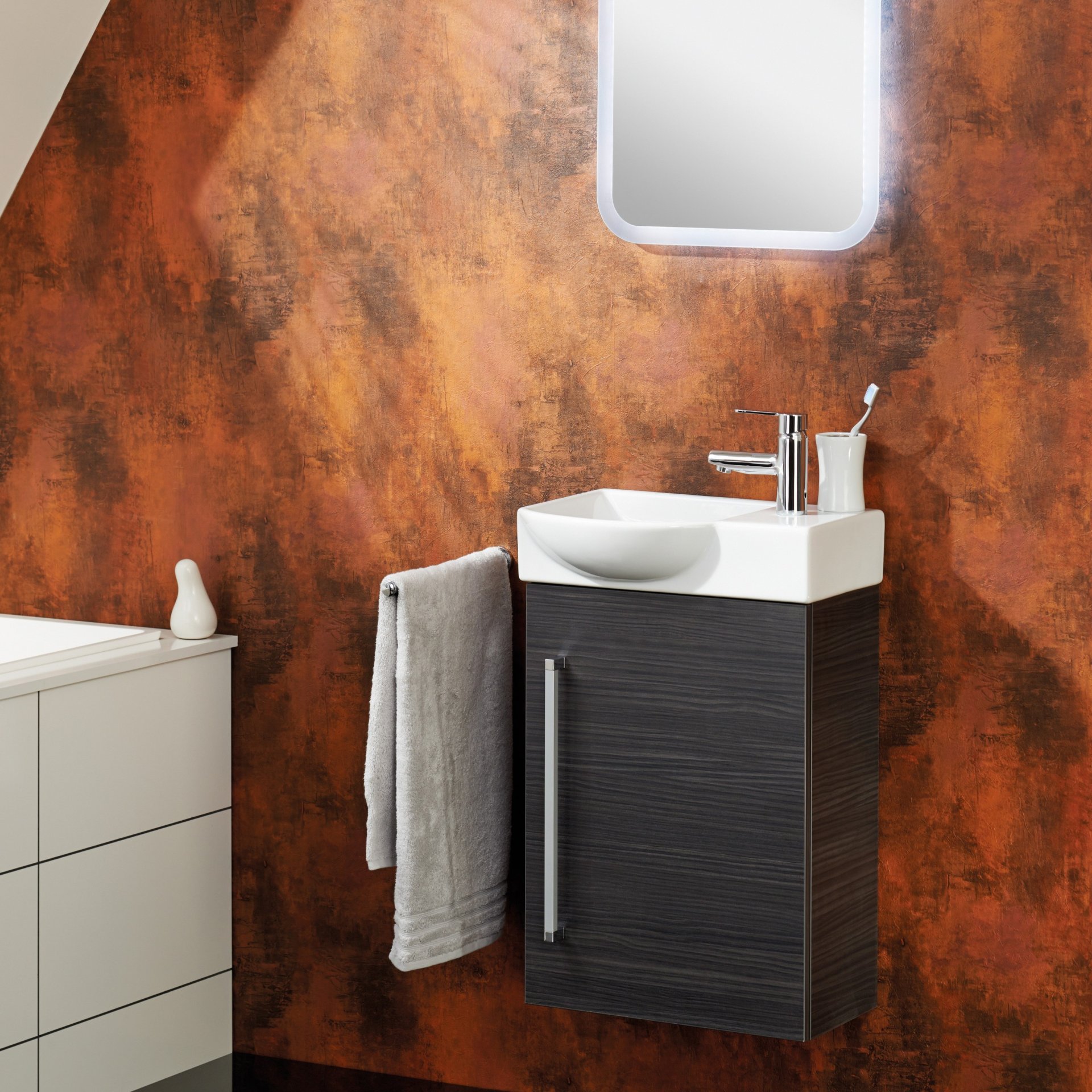 LANZET K3 Gäste WC Waschtisch Set 45 cm breit, Anthrazit Holzoptik, Waschbecken Keramik Weiß, Türanschlag links