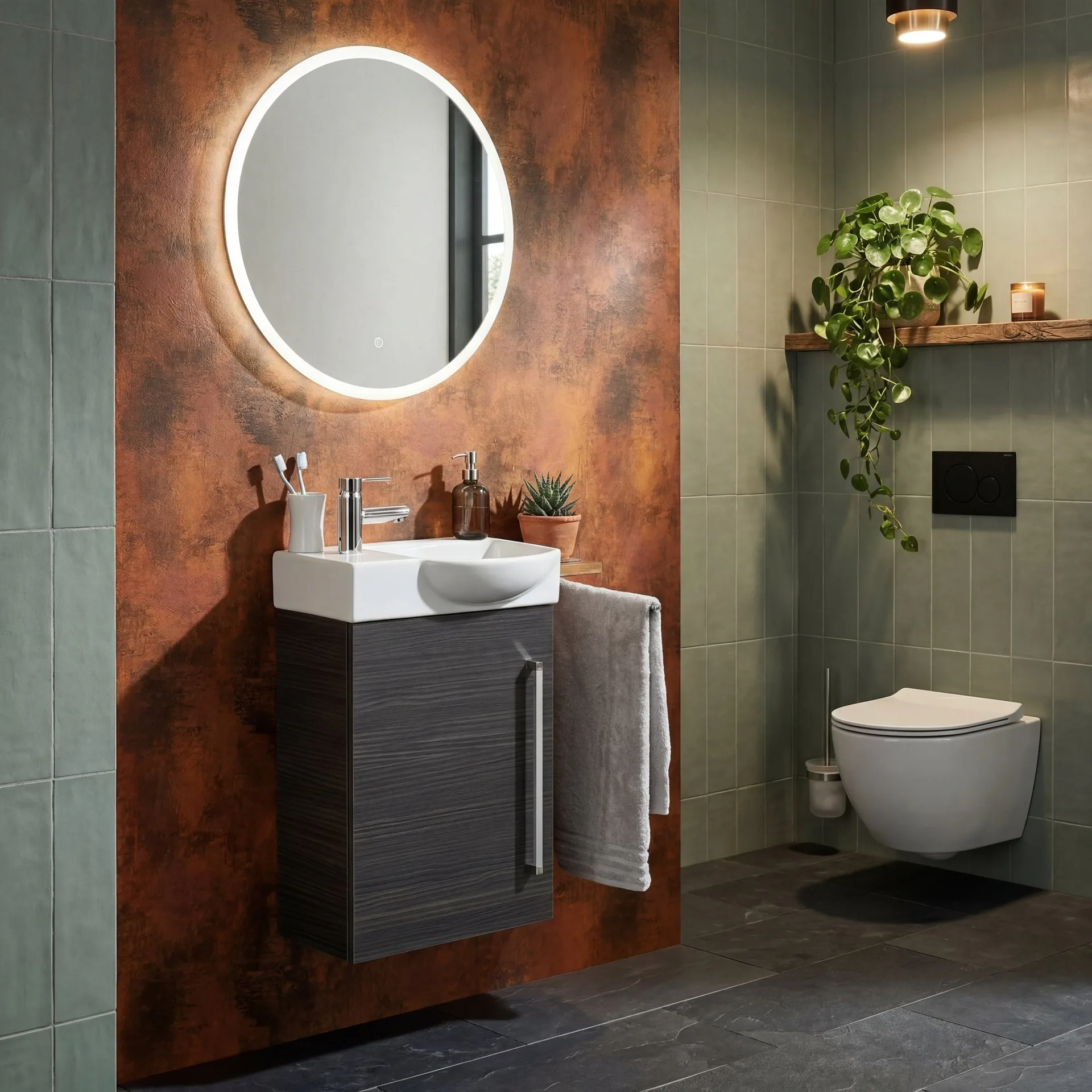 LANZET K3 Gäste WC Waschtisch Set 45 cm breit, Anthrazit Holzoptik, Waschbecken Keramik Weiß, Türanschlag links