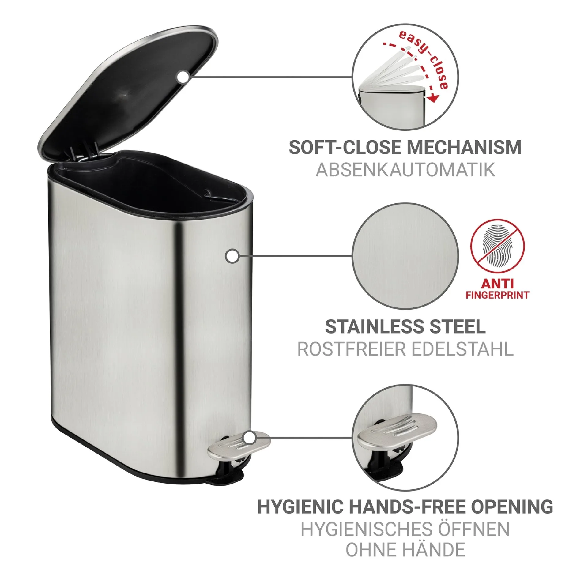 WENKO COLLUNGO Kosmetikeimer 5 Liter, Silber, mit Absenkautomatik