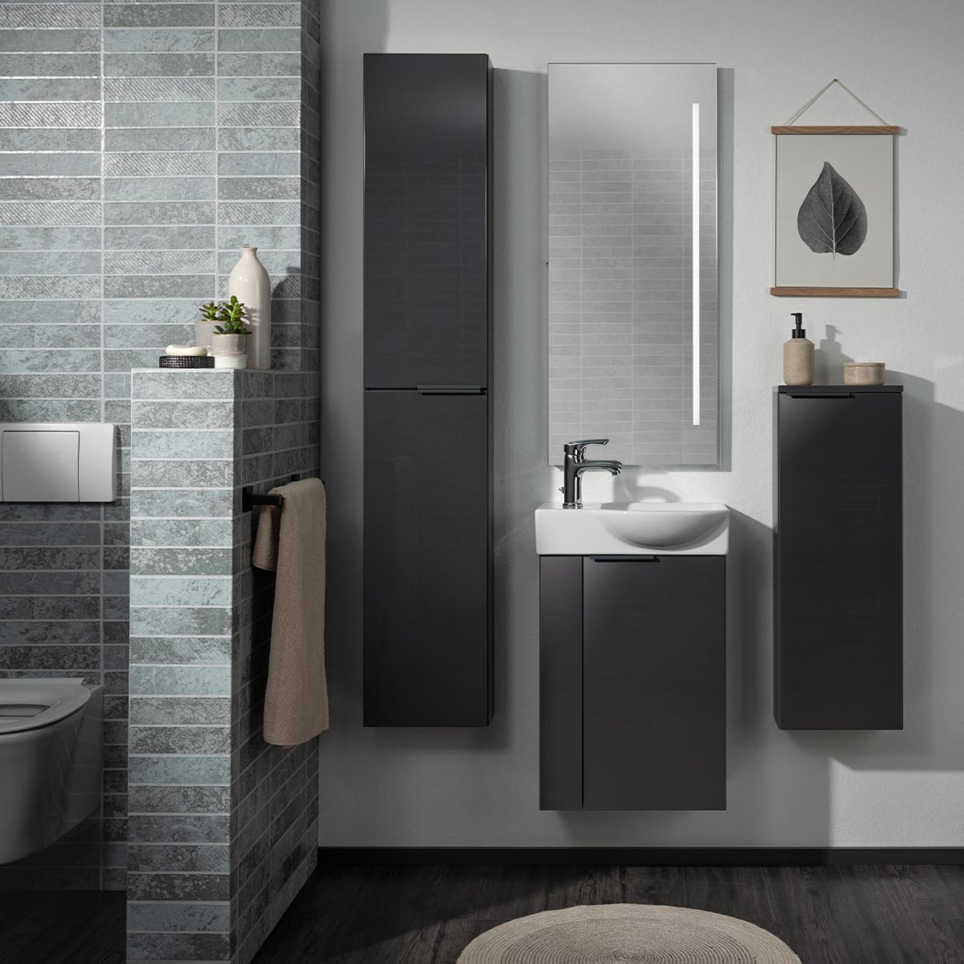 FACKELMANN SBC LUNA Gäste WC Waschtisch Set 45 cm breit, Anthrazit, Waschbecken Keramik Weiß, Türanschlag rechts