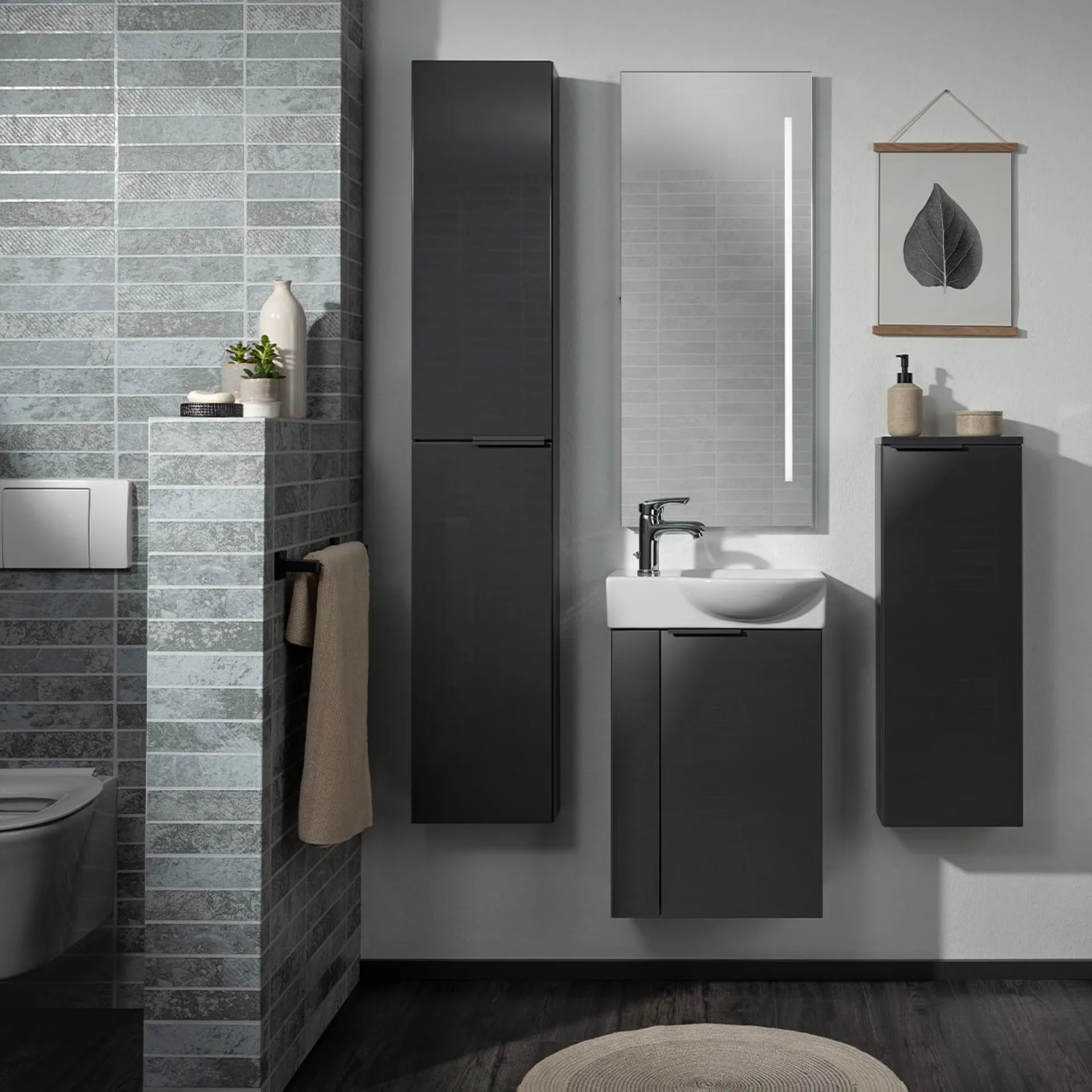 FACKELMANN SBC LUNA Gäste WC Waschtisch Set 45 cm breit, Anthrazit, Waschbecken Keramik Weiß, Türanschlag rechts