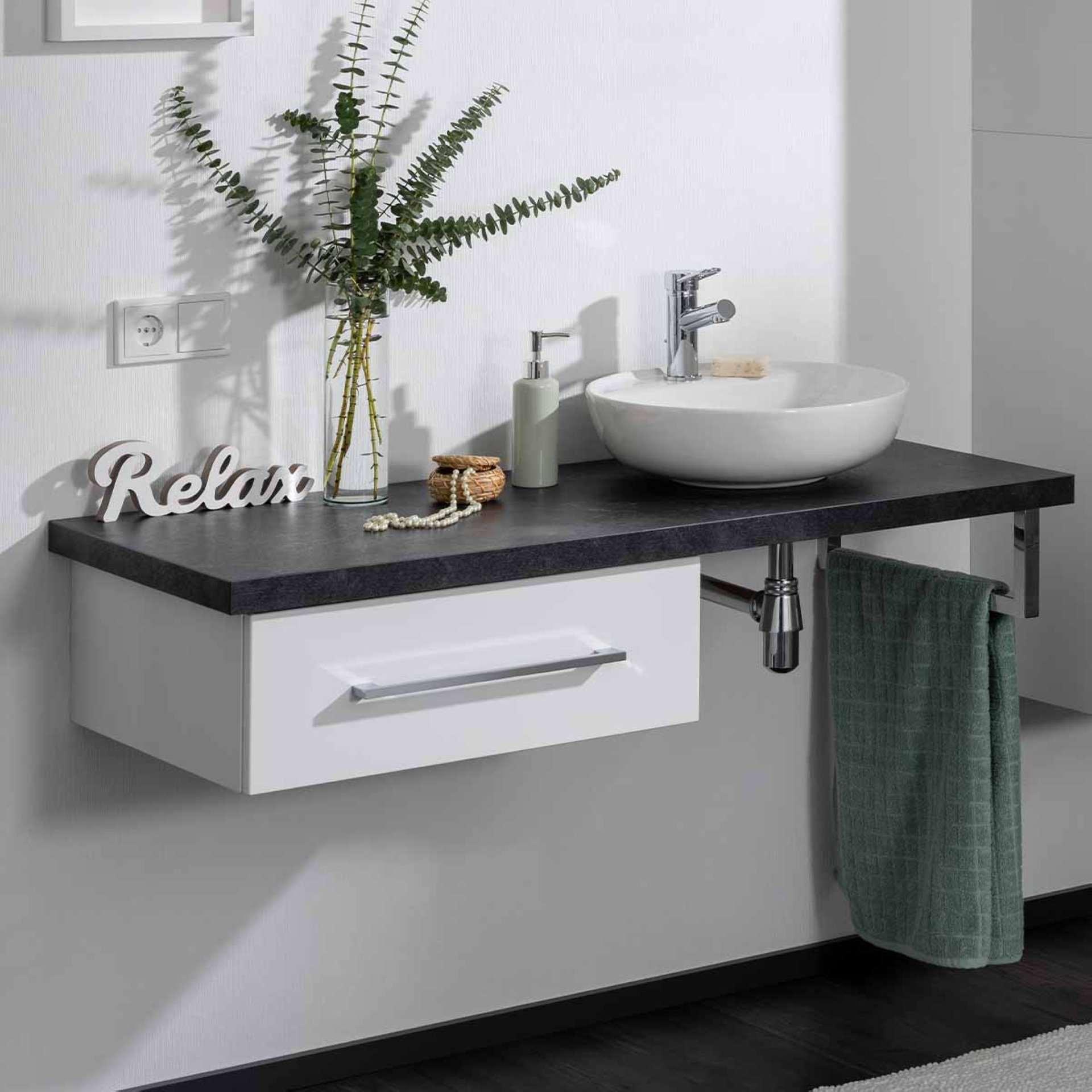 FACKELMANN HYPE 3.0 Waschtisch Set mit Waschtischplatte 110 cm breit, Anthrazit/Weiß, Aufsatzwaschbecken Keramik Weiß + Handtuchhalter
