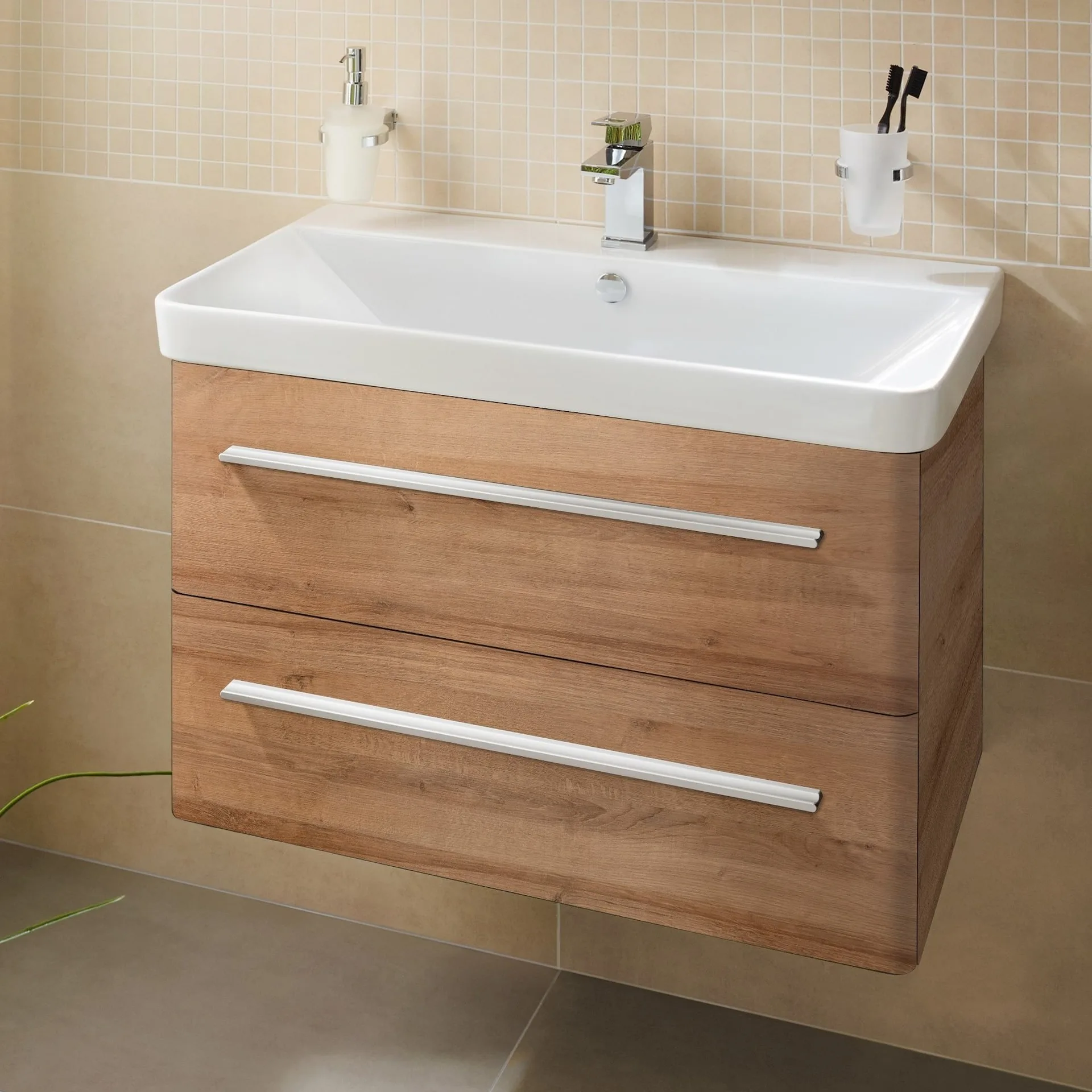 LANZET K8 Waschbecken mit Unterschrank 80 cm breit, Braun hell, Waschbecken Keramik Weiß