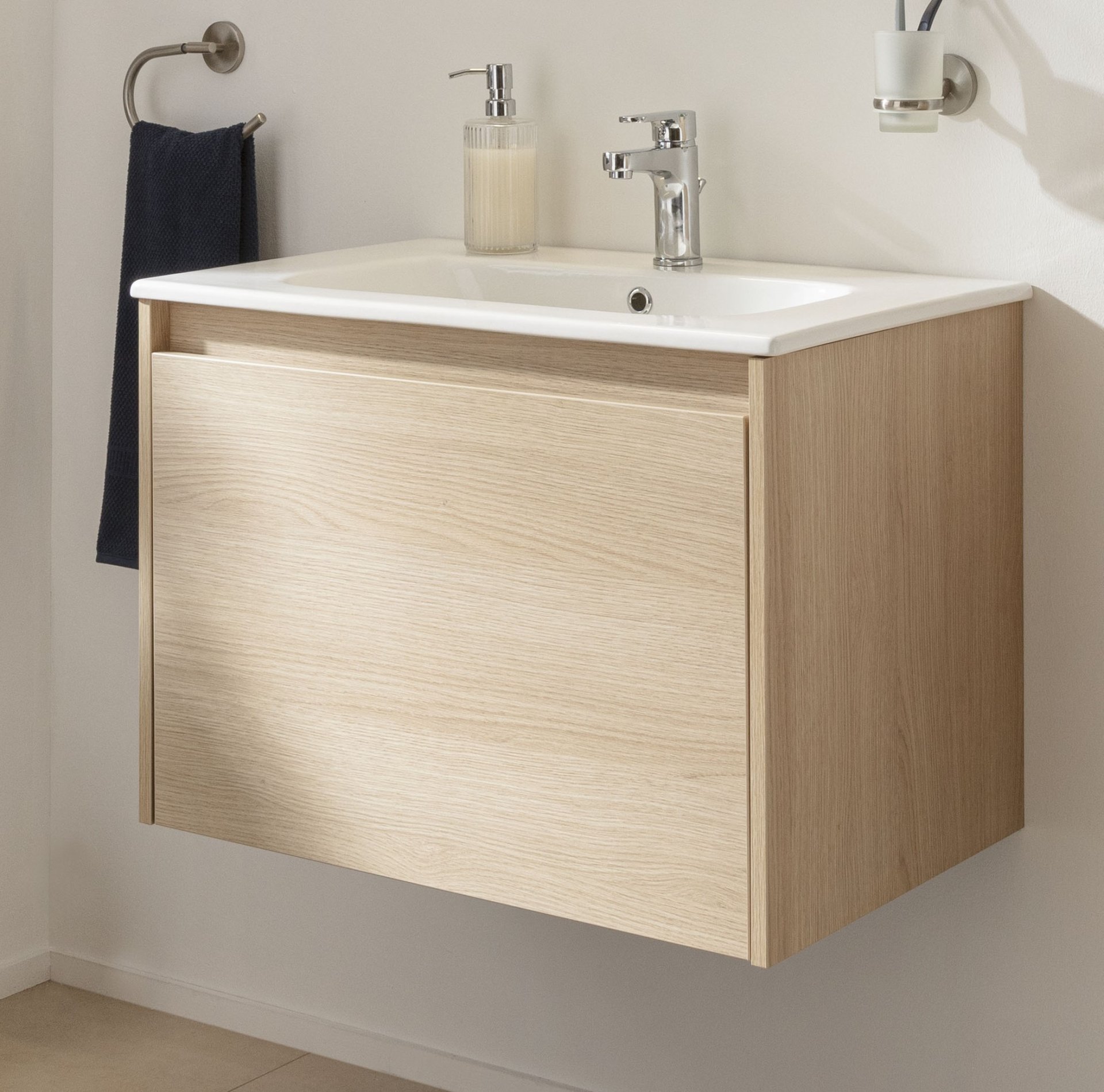 FACKELMANN COMPACT LINE Waschbecken mit Unterschrank 71 cm breit, Braun hell, Waschbecken Keramik Weiß, 1 Schublade