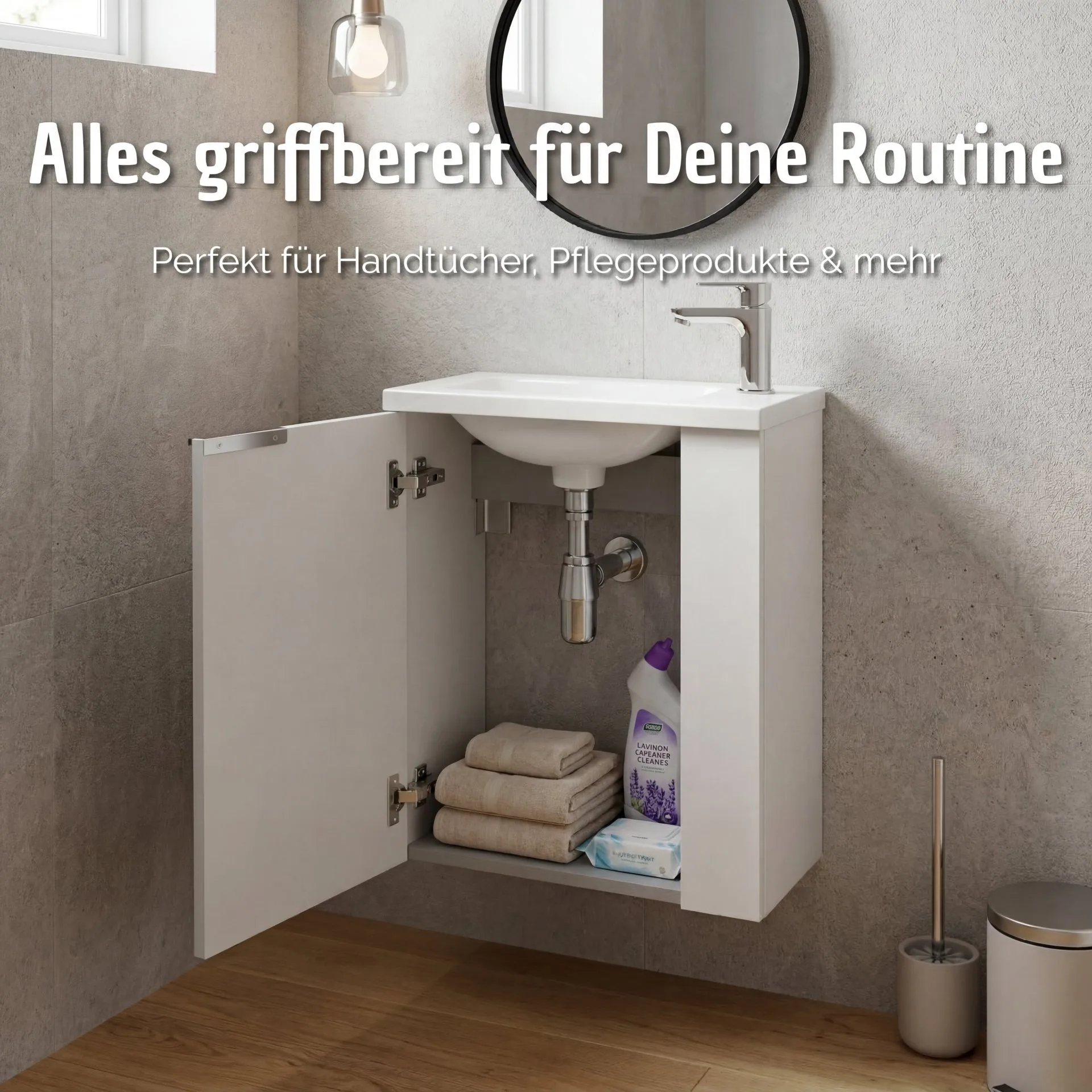BADEDU UMEA Gäste WC Waschtisch Set 50 cm breit, Weiß, Waschbecken Gussmarmor Weiß
