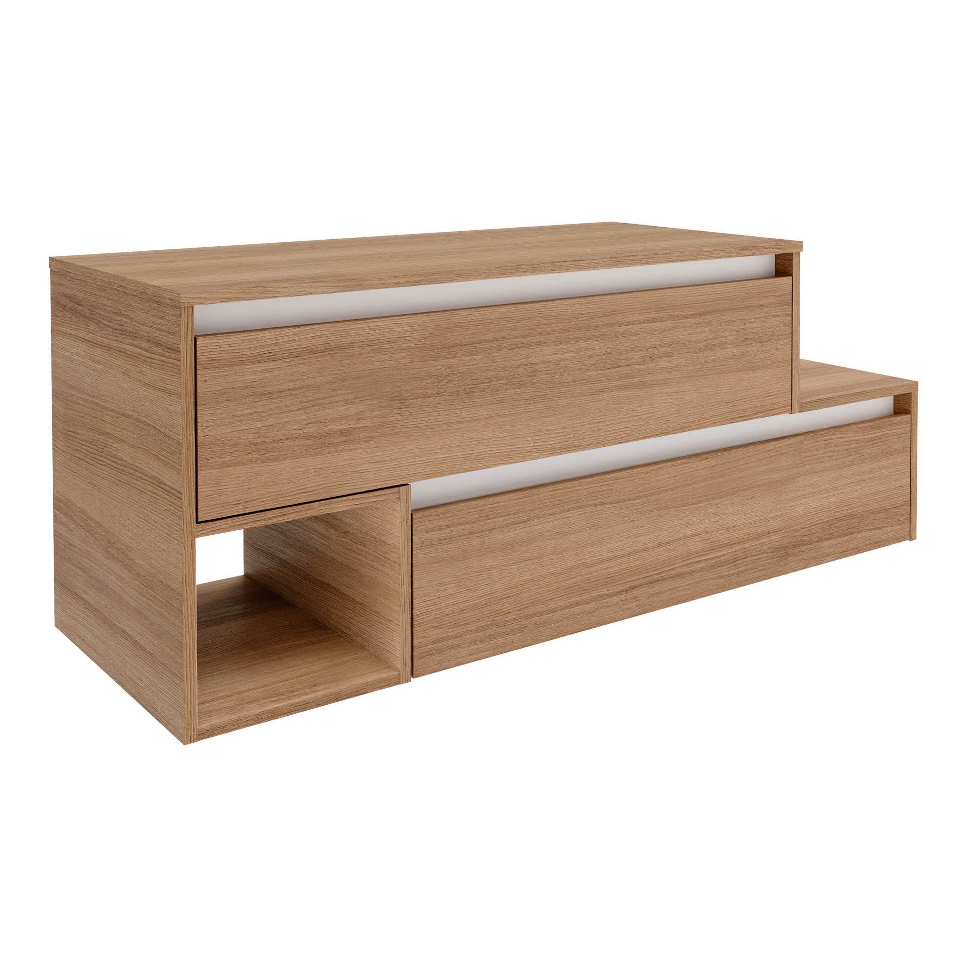 FACKELMANN VITA Waschbeckenunterschrank 129 cm breit, Braun hell, mit weißen Blenden, 1 Fach, Ablage rechts, asymmetrisch