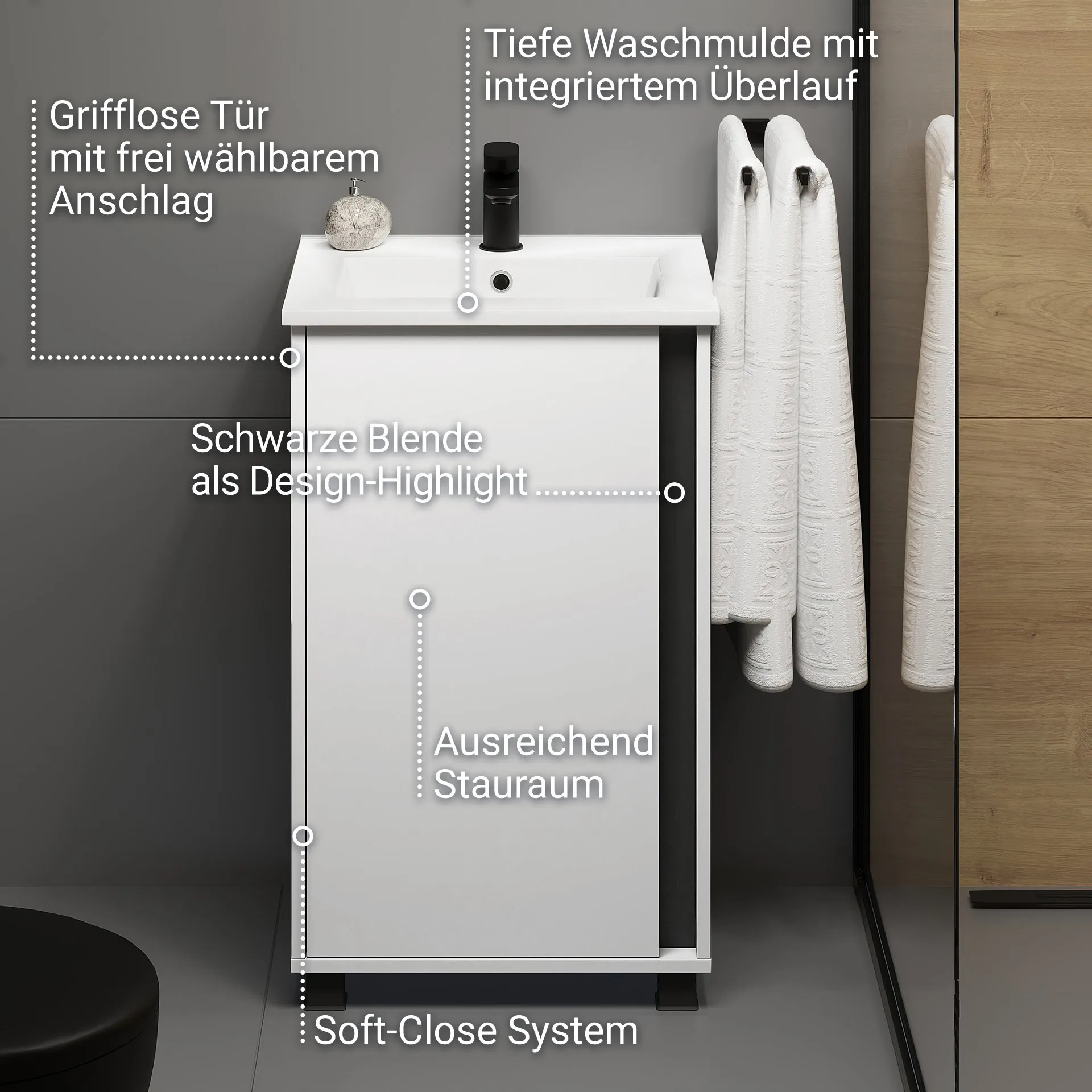 BADEDU LULE Gäste WC Waschtisch Set 51 cm breit, Weiß, Waschbecken Keramik Weiß, mit Füßen